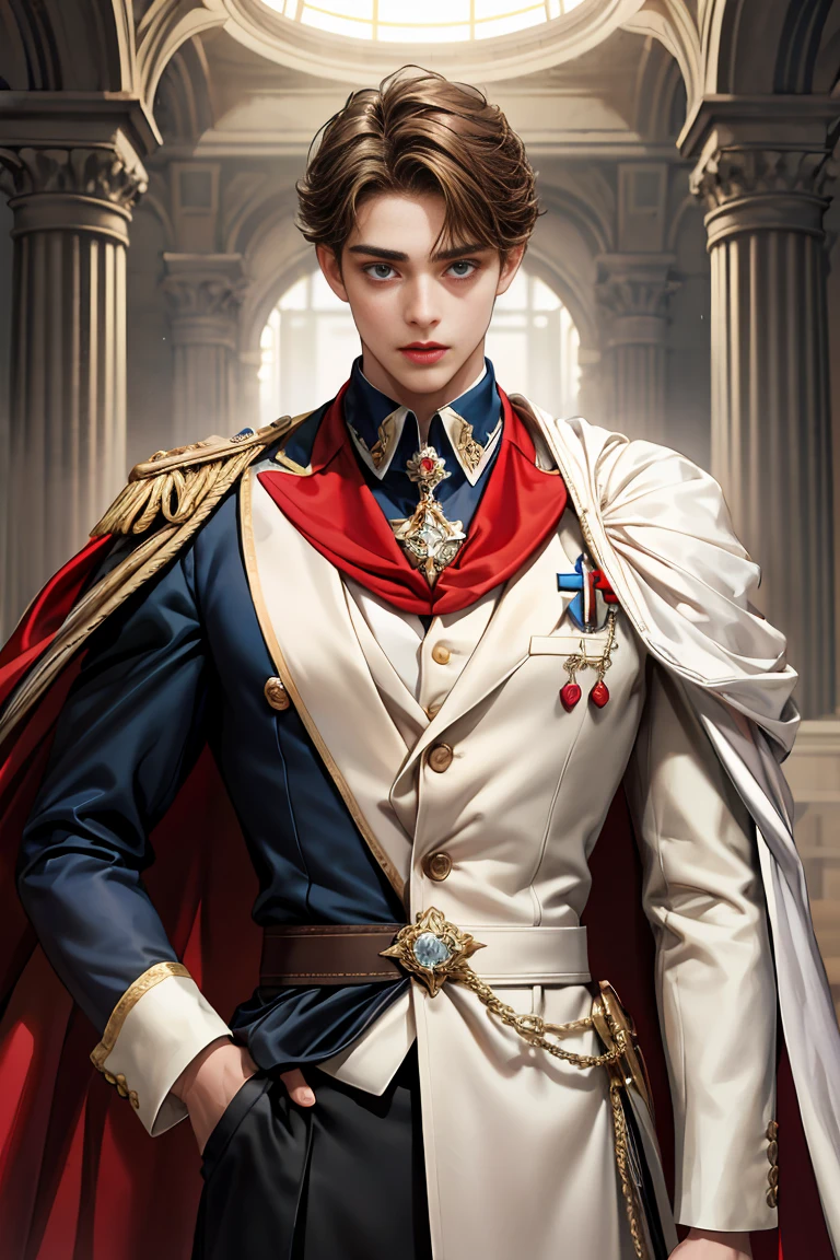masterpiece, 最high quality, high quality, 1 boy, alone, Male focus, Watching the audience, Messy brown hair, Adorable big blue eyes, White, Noble, Noble, Beautiful tailcoat、A very voluminous, large, very large, very large, long, long red and black cape with a high stand-up collar, made of a lot of fabric that reaches down to the floor., 17 years old,Cute beautiful boys,Cute, cute, kind, handsome guy