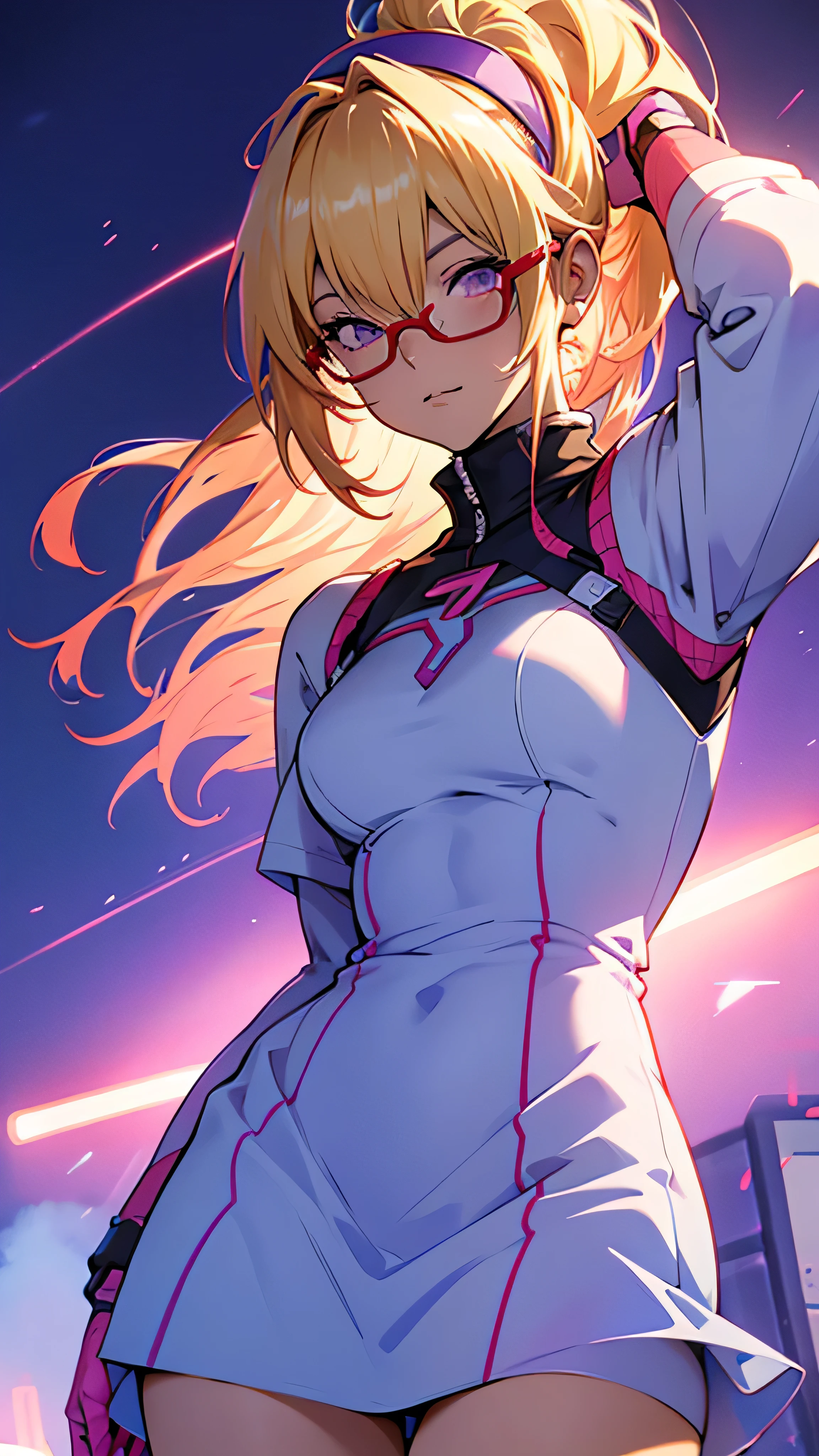 anime,An illustration,purple robot,Mobile Suit,Dom,Light blue check dress,Red glasses,Blonde,Light blue mesh hair,beautiful girl,Sora Sakurano,one person