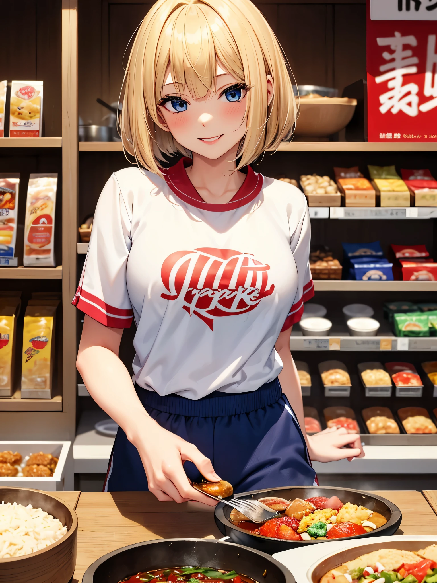 masterpiece, best quality, 1 girl, Blond hair, messy out bob cut, blue eyes, red shiny lipstick, (sports clothes), naughty light smile, Japan market stall, Kantodaki food stall, store clerk, cooking,