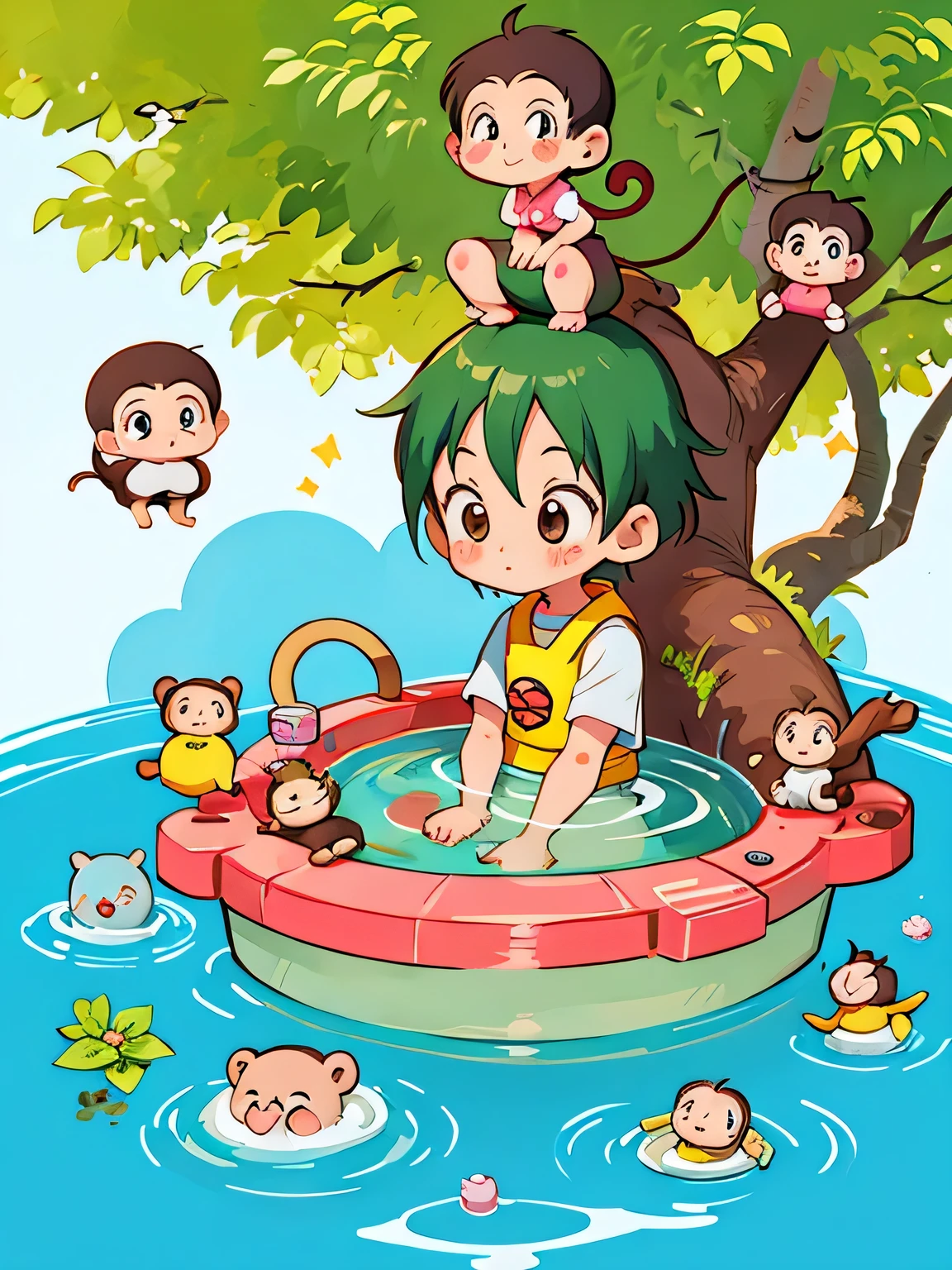 Akira Toriyama style, Kawaii Design, Chibi girl monkey, Monkey bathing,