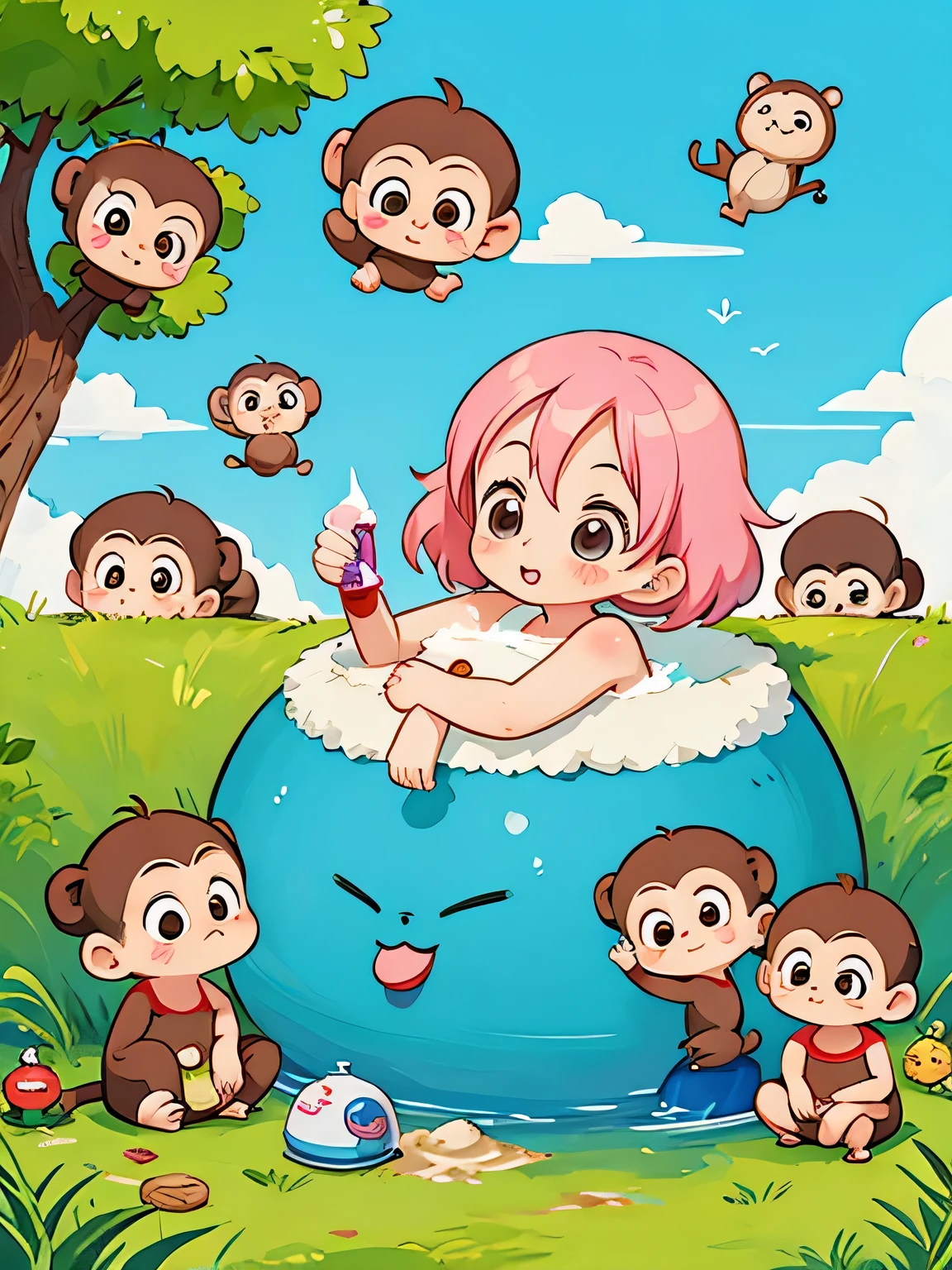Akira Toriyama style, Kawaii Design, Chibi girl monkey, Monkey bathing,