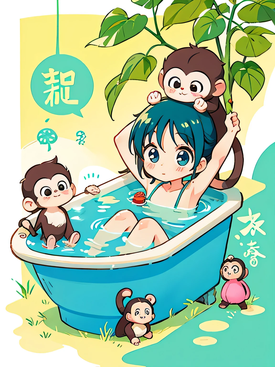 Fujio Akatsuka style, Kawaii Design, Chibi girl monkey, Monkey bathing,