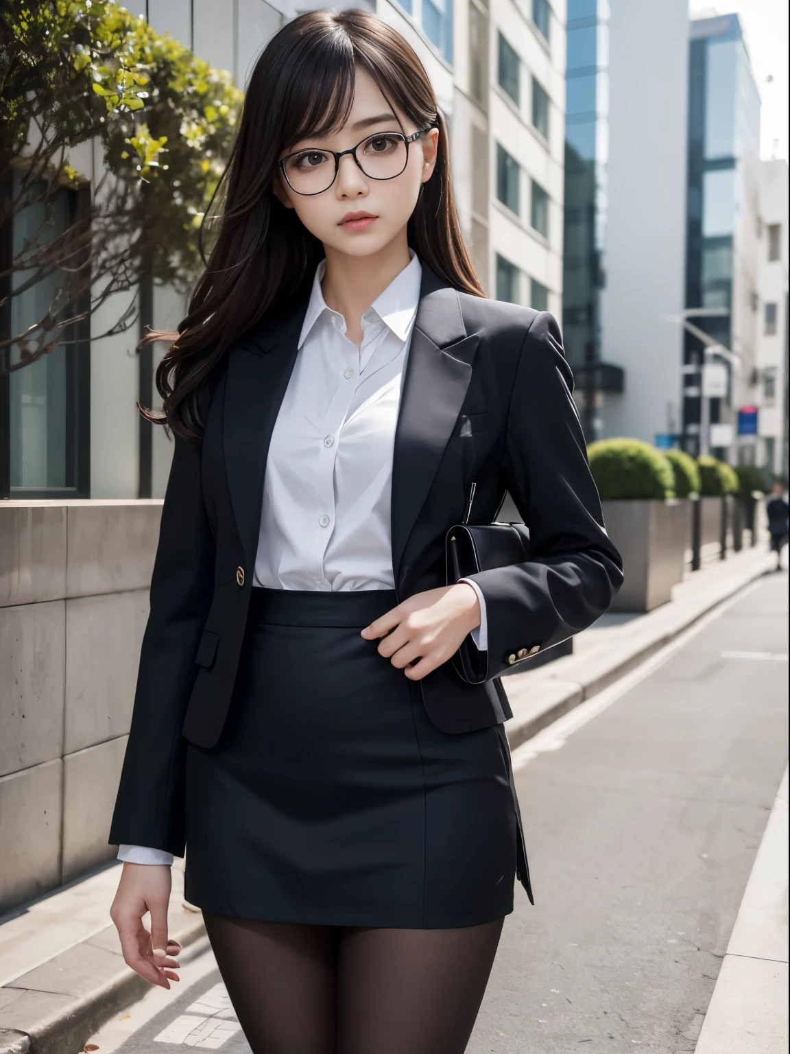 alone、solo、OL in her 20s in office uniform posing for a photo、(Black Pantyhose)、(Half Up),victory、Tsundere、Single knot、OL、suit、blue mini skirt、anger、small、Glasses、slim girl model photo、physical:the smallest middle-aged man in history、female model、Japanese female fashion model、(8k、RAW photo、highest quality、masterpiece:1.2)、(real、photorealistic:1.37)、Super detailed、Ultra high definition、office Street、 standing position、whole body、((((SEXY)))