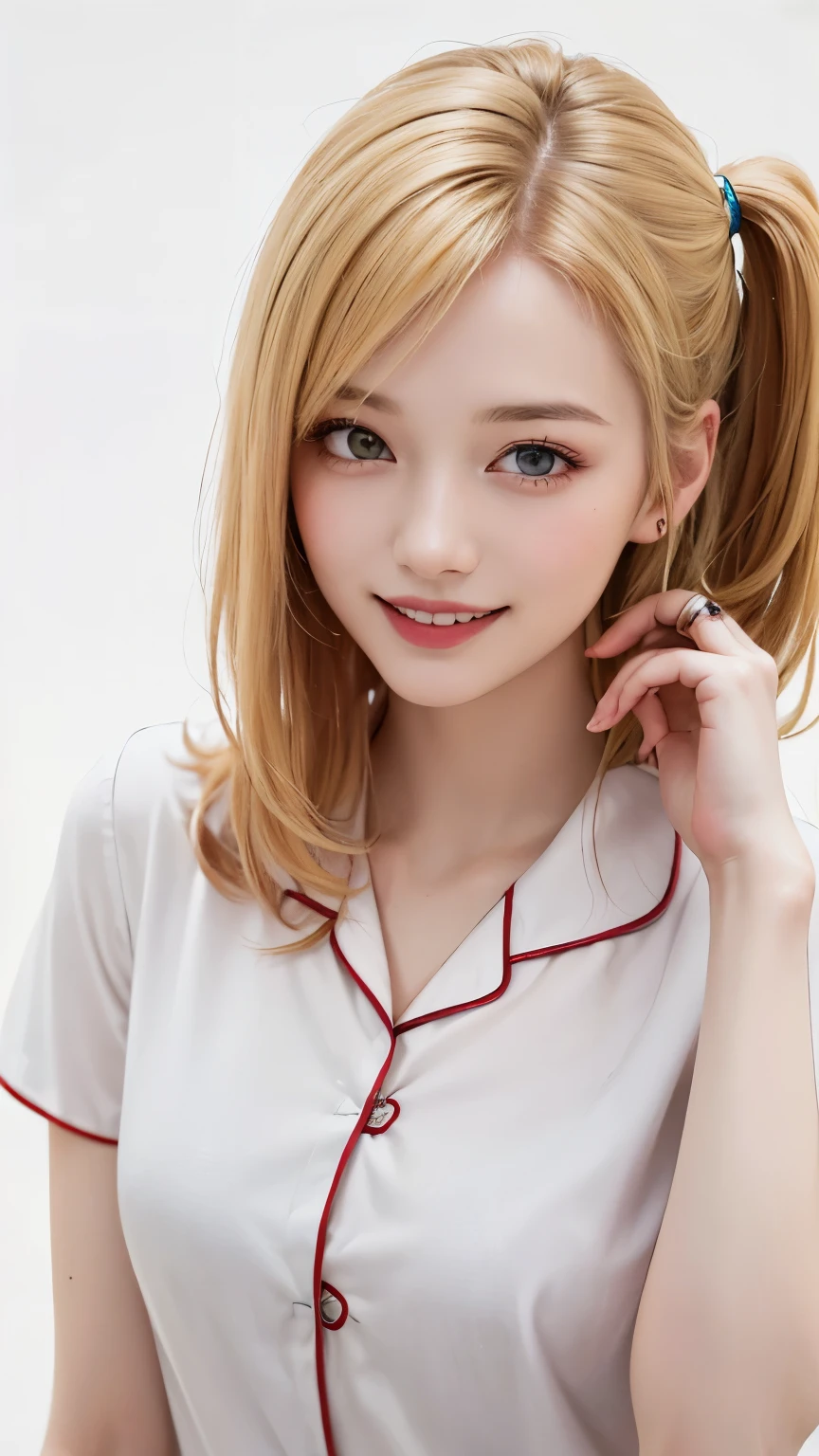 (highest quality、8k、32k、masterpiece)、(Realistic)、(Realistic:1.2)、(High resolution)、Very detailed、Very beautiful face and eyes、1 girl、Round and small face、Tight waist、Delicate body、(close、highest quality、Attention to detail、Rich skin detail)、(highest quality、8k、Oil paint:1.2)、(Realistic、Realistic:1.37)、Bright colors、(((blonde)))、(((Bust Shot)))、(((Side ponytail hair)))、(((Pure white wall background)))、(((Pure white wall background)))、(((pajamas、Short sleeve)))、(((She has a sexy look)))、(((smile)))、(((Touching head with left hand)))、(((Golden Hair)))、(((is biting)))