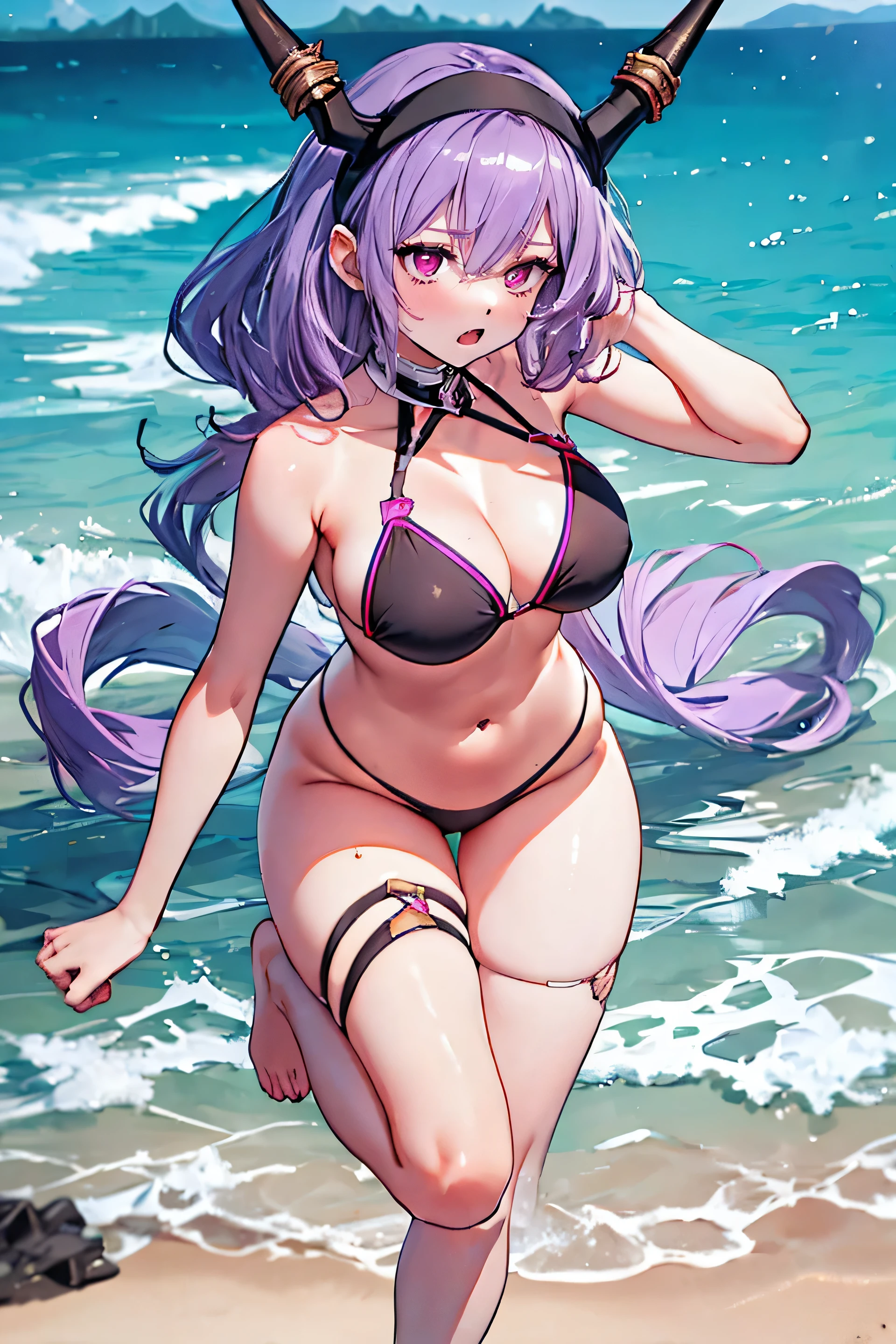 Typhon| Arc Knight, Masterpiece, best quality, 1 woman,25 years old , Very small micro bikini, big, Big breasts, My hair is very long., headband, purple hair, proportion body, proportion, show your , Water set, This micro bikini,micro mini bikini, Lying on the beach with exciting challenges, Not clear. ,only, beautiful sea, The sky is beautiful, Looking at the audience from the front, thigh strap, tilt your head, bored, 10, 10, high resolution, Show off serious design, expression of anger, Expressing dissatisfaction , Very angry. , 