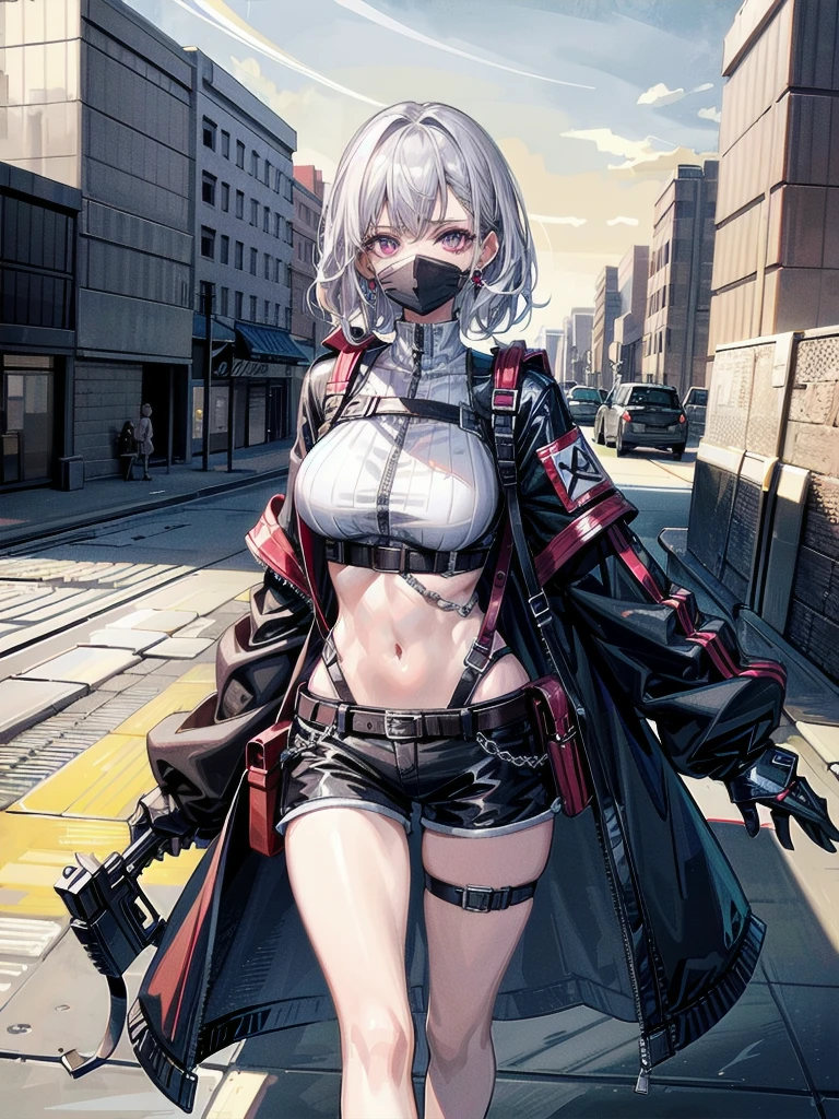whole body, gunman attire, post apocalyptic desert city, absurdres, RAW photo, extremely delicate and beautiful, masterpiece, Best Quality, ultra high resolution, 32k, hyperrealistic, ultra-detailed, detailed description, pale skin, 20 years old, detailed beautiful face and eyes, tearful mole, earring, Colossal tits, short medium hair, wavy hair, midriff, shorts,