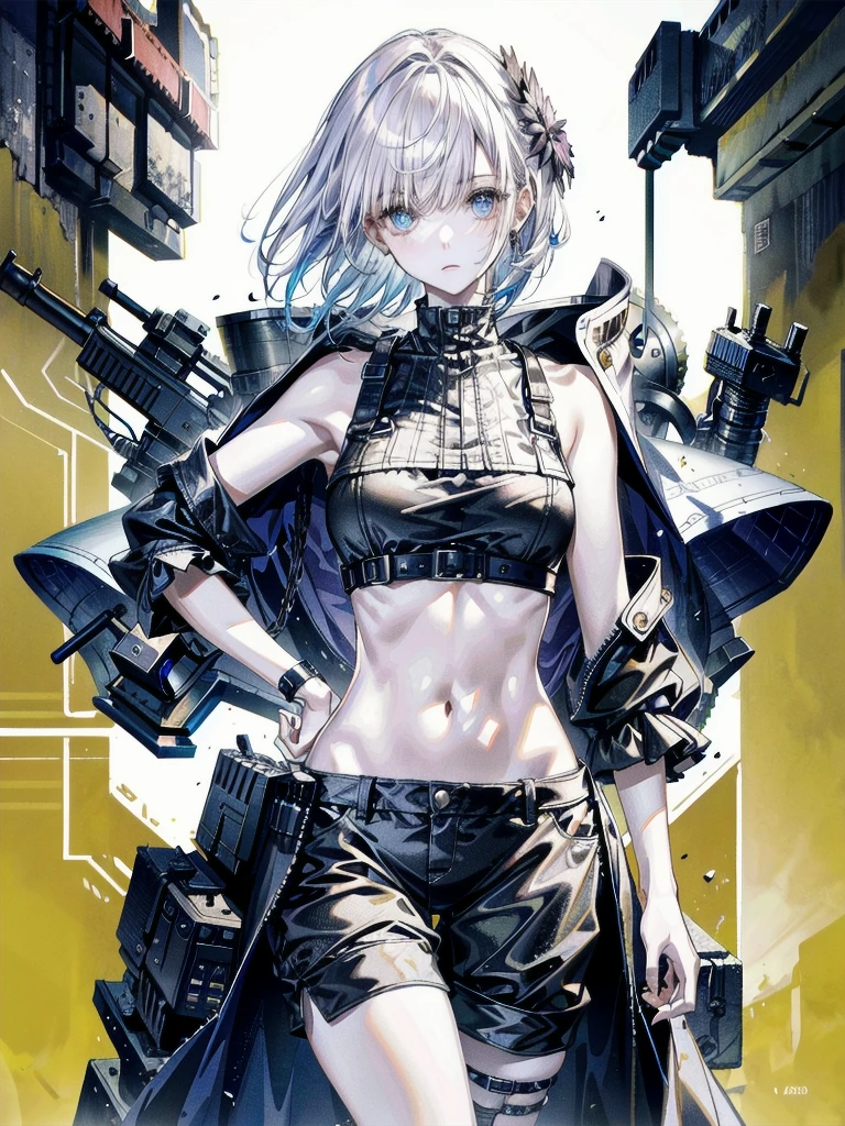 whole body, gunman attire, post apocalyptic desert city, absurdres, RAW photo, extremely delicate and beautiful, masterpiece, Best Quality, ultra high resolution, 32k, hyperrealistic, ultra-detailed, detailed description, pale skin, 20 years old, detailed beautiful face and eyes, tearful mole, earring, Colossal tits, short medium hair, wavy hair, midriff, shorts,