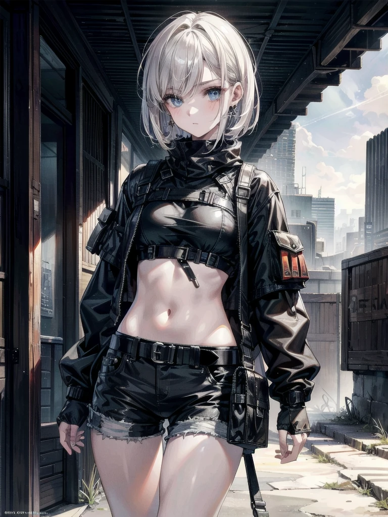 whole body, gunman attire, post apocalyptic desert city, absurdres, RAW photo, extremely delicate and beautiful, masterpiece, Best Quality, ultra high resolution, 32k, hyperrealistic, ultra-detailed, detailed description, pale skin, 20 years old, detailed beautiful face and eyes, tearful mole, earring, Colossal tits, short medium hair, wavy hair, midriff, shorts,