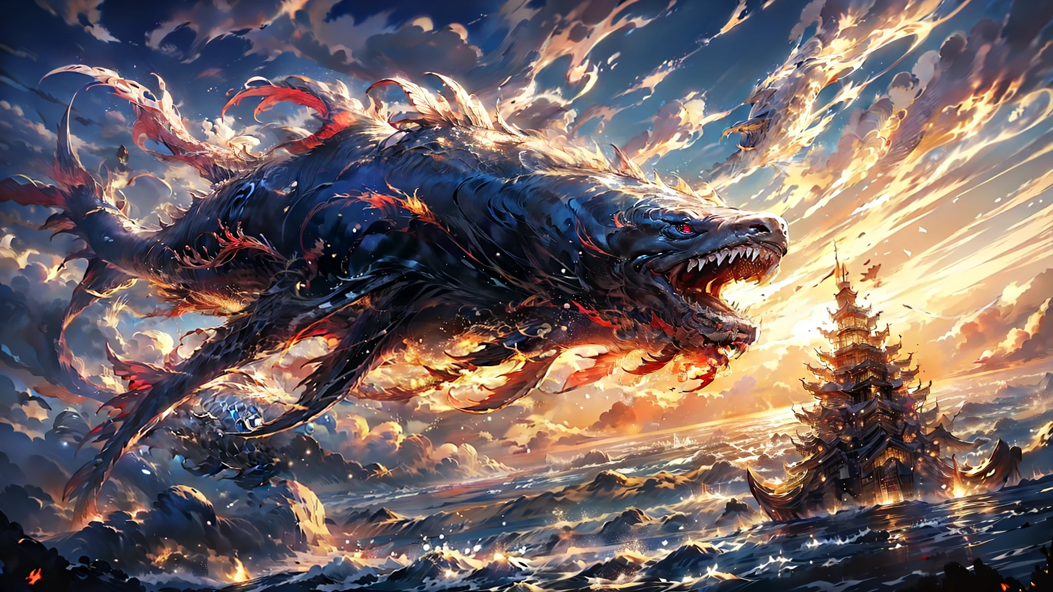 when,masterpiece, Ultra-high resolution, artwork, 3D, CG, Unreal Engine 5, Chinese mythology, A red carp dominating the sky with its huge body contrast, Lateral Body, Great Fear, Long fins, Open your mouth, Sharp teeth, lightning, Exquisite detail, Sparkling sunrise effect, Light and shadow effects, Skyscape, Landscape around the clouds, Bright and rich epic contrast style watch, Inspired by the realistic details of anime and character design, Movie Background, Bright yellow foreground, 32kextreme low angle perspective、Creates realistic and subtle golden details in manga.