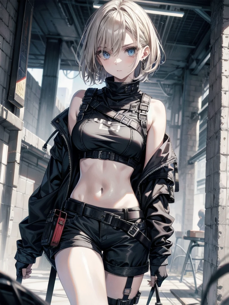 whole body, gunman attire, post apocalyptic desert city, absurdres, RAW photo, extremely delicate and beautiful, masterpiece, Best Quality, ultra high resolution, 32k, hyperrealistic, ultra-detailed, detailed description, pale skin, 20 years old, detailed beautiful face and eyes, tearful mole, earring, Colossal tits, short medium hair, wavy hair, midriff, shorts,