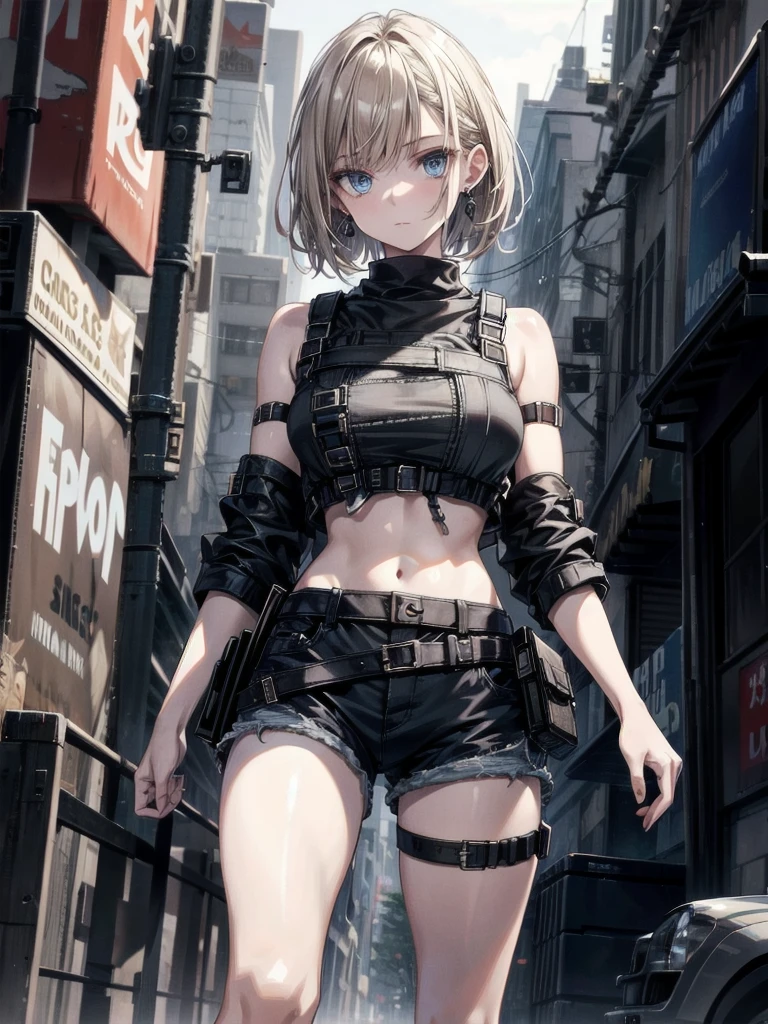 whole body, gunman attire, post apocalyptic desert city, absurdres, RAW photo, extremely delicate and beautiful, masterpiece, Best Quality, ultra high resolution, 32k, hyperrealistic, ultra-detailed, detailed description, pale skin, 20 years old, detailed beautiful face and eyes, tearful mole, earring, Colossal tits, short medium hair, wavy hair, midriff, shorts,