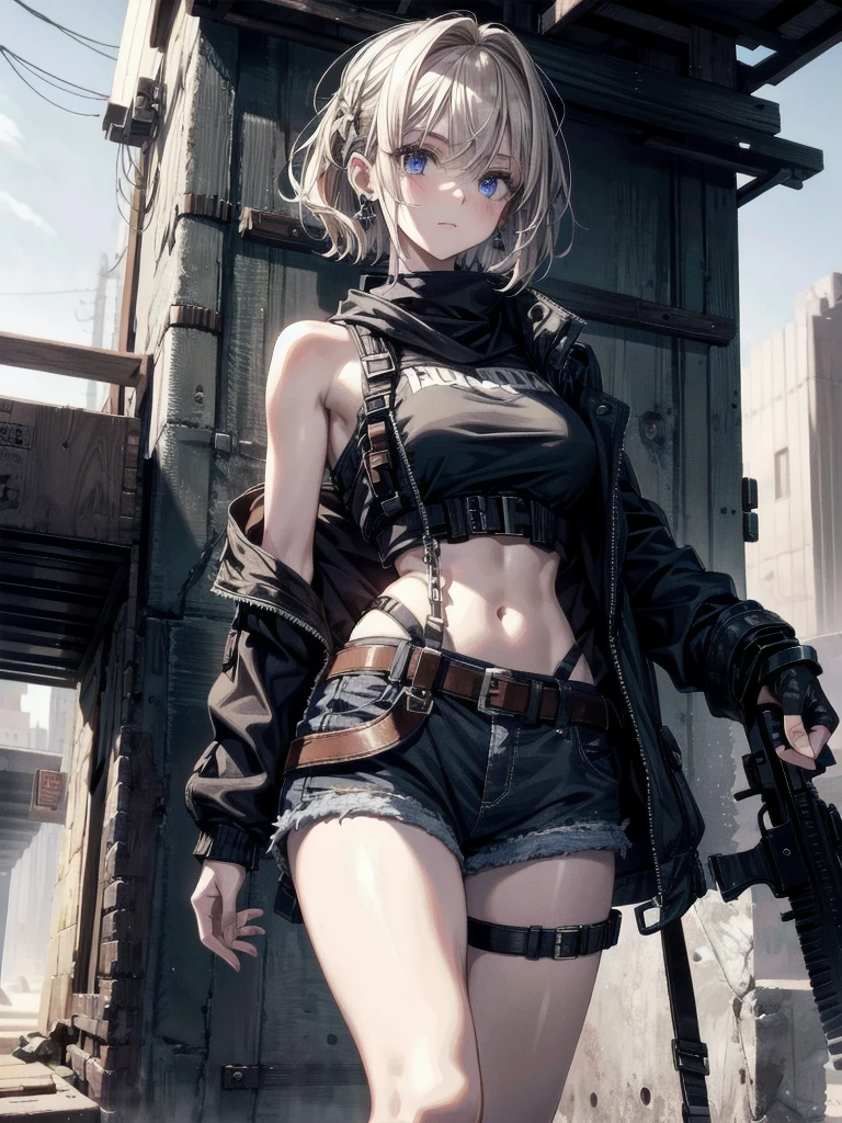 whole body, gunman attire, post apocalyptic desert city, absurdres, RAW photo, extremely delicate and beautiful, masterpiece, Best Quality, ultra high resolution, 32k, hyperrealistic, ultra-detailed, detailed description, pale skin, 20 years old, detailed beautiful face and eyes, tearful mole, earring, Colossal tits, short medium hair, wavy hair, midriff, shorts,