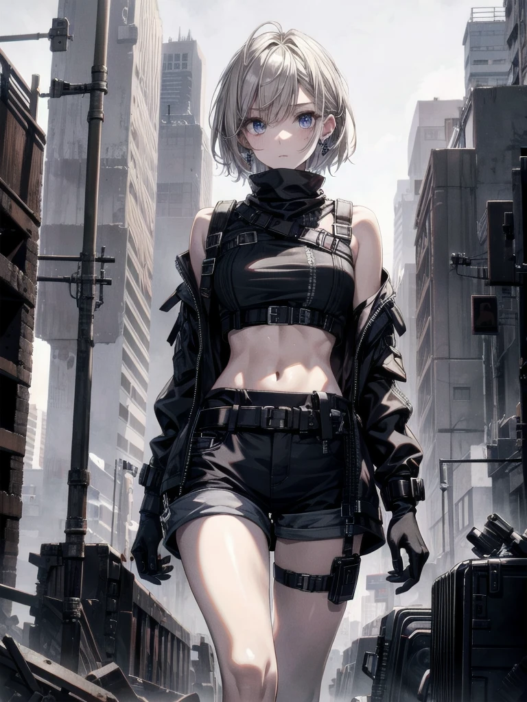 whole body, gunman attire, post apocalyptic desert city, absurdres, RAW photo, extremely delicate and beautiful, masterpiece, Best Quality, ultra high resolution, 32k, hyperrealistic, ultra-detailed, detailed description, pale skin, 20 years old, detailed beautiful face and eyes, tearful mole, earring, Colossal tits, short medium hair, wavy hair, midriff, shorts,