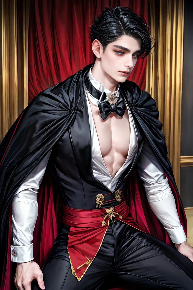 
masterpiece, 最high quality, high quality, 1 boy, alone, Male focus, Watching the audience, whole body, Winning spirit_destiny, Messy black hair, blue adorable big eyes, White, Noble, Noble, Noble-like Vampire、An elegant tuxedo,A very large, very tall stand-up collar, a very large, very long, long cape that reaches down to the floor, made of a lot of fabric, red and black., 17 years old,cute beautiful boy,cute cute handsome boy