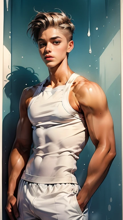 A depraved, Justin Bieber very handsome boy shows off his ass, young guy of Fifteen year old with round voluminous buttocks and a thin waist, splashing white sticky liquid, dressed in Tango panties are two sizes too small , daring hairstyle. Watercolor, Only boys, guys, young man