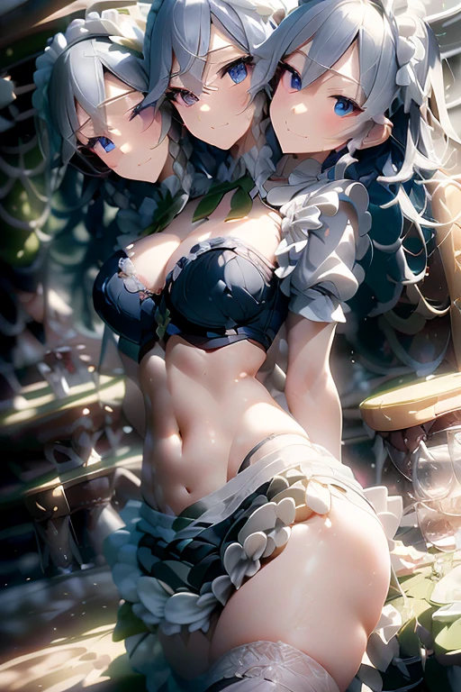 (masterpiece, best quality), best quality, best resolution, (ultra-detailed), (3heads:1.5), 1girl, (izayoi sakuya:1.3), masterpiece, (best quality:1.5, highres, UHD), highres, absurdo, ultra detail, ultra quality, Ultra resolution, dark blue top, crop top, ((stomach)), midriff, ((groin)), dark blue skirt, normal ears, shackles, grey hair, very long hair, wavy hair, sidelocks, blue eyes, parted lips, sweat, cute, toned belly, hand on own chest, eyelashes, (24 year old woman:1.3), (masterpiece:1.5), (best quality:1.5), (beautiful detailed), extremely detailed CG, extremely delicate and beautiful, depth of field, (finely detailed face), (perfect details:1.2), (mature female:1.3), wide pelvis, slender, large veiny breast, 16k resolution, high quality, high definition, extremely detailed, masterpiece, best quality, grey hair, long hair, alluring presence, braid, short skirt, close up, big tits, young, hair ribbon, maid headdress, side braid, (girl with three heads),