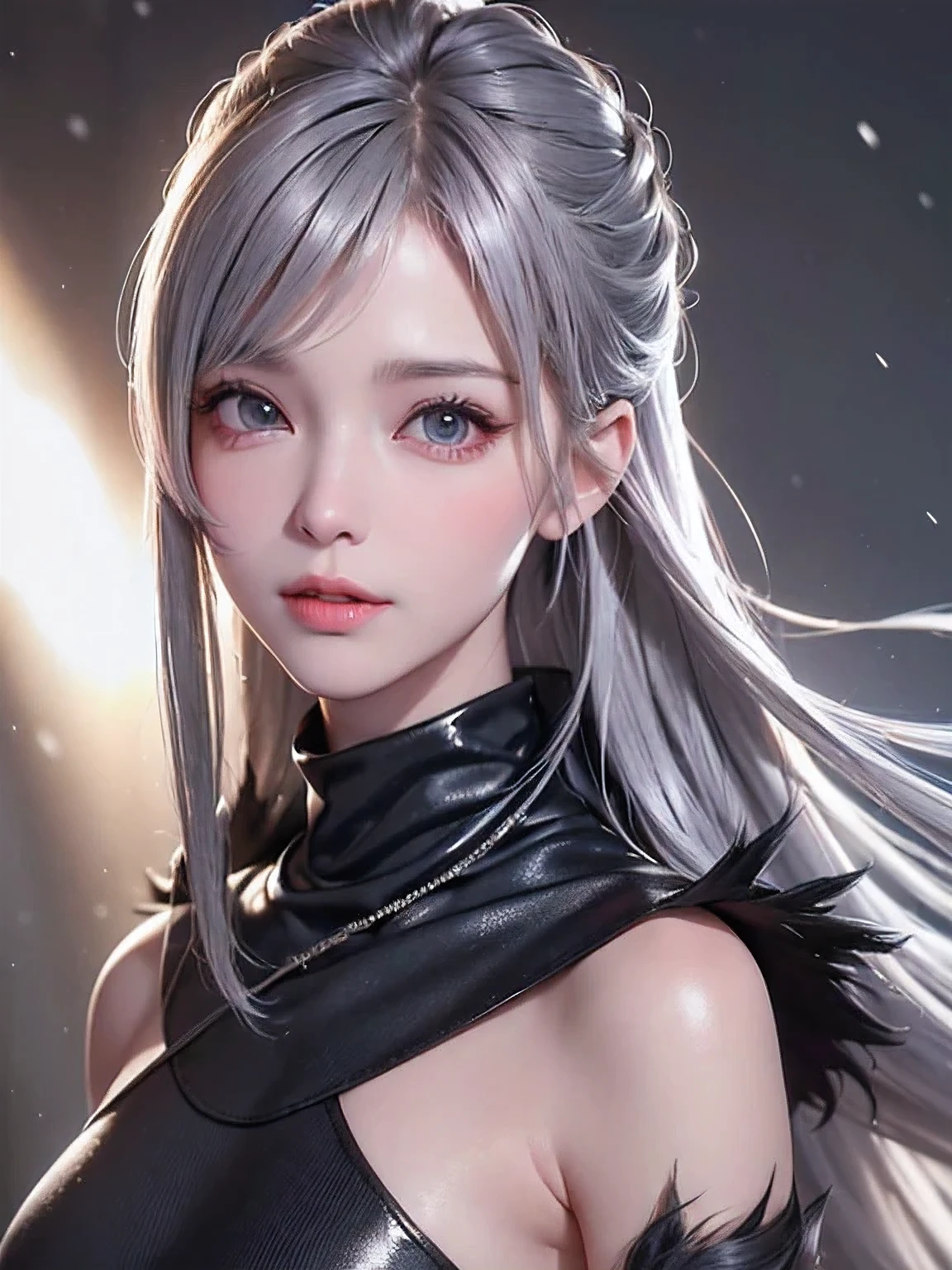 (Picture from the waist up:1.5)((masterpiece:1.5、8k、Portraiture、Photorealistic and very detailed CG、Very detailed、Particle Effects、Dynamic Effects、Written boundary depth、Cinematic Light、Lens flare、Ray Tracing、Tabletop、Realistic:1.4、超A high resolution:1.2、Realistic、Realistic))((alone、Turtleneck dress,Sleeveless、Woman in a black fur coat:1.4、Exposed lateral breastodel-like pose、Detailed face、Bright expression、young, Brighter, Whiter skin、Small breasts:1.4、Best Looks、Ultimate beauty、Grey hair with shiny highlights:1.8、Bright and shiny hair,、Arrangement Hair、Hair dancing in the wind))(morning、In the background is a snowy hill overlooking the ruins..)
