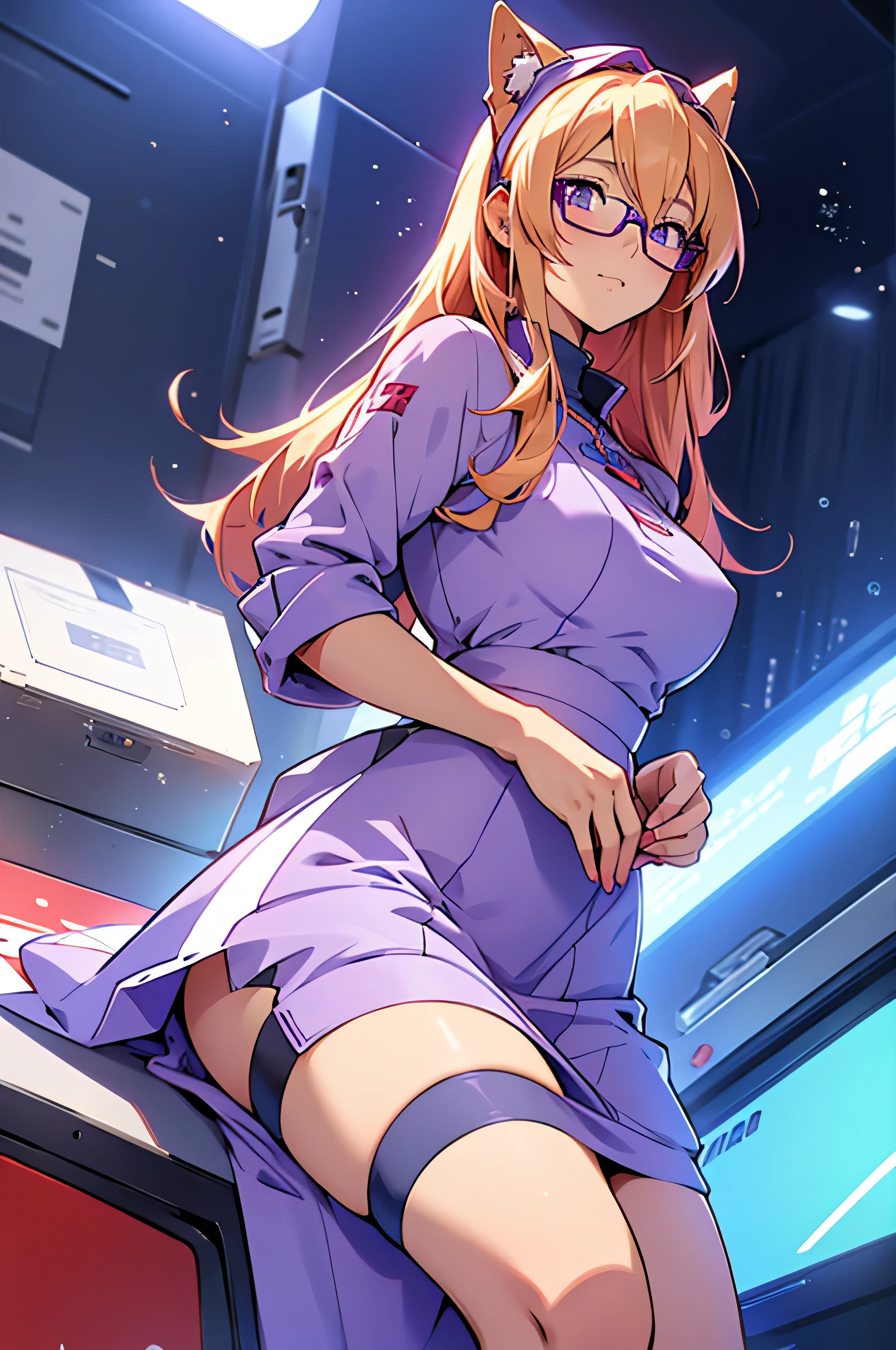 anime,An illustration,purple robot,Mobile Suit,Dom,Light blue check dress,Red glasses,Blonde,Light blue mesh hair,beautiful girl,Sora Sakurano,one person