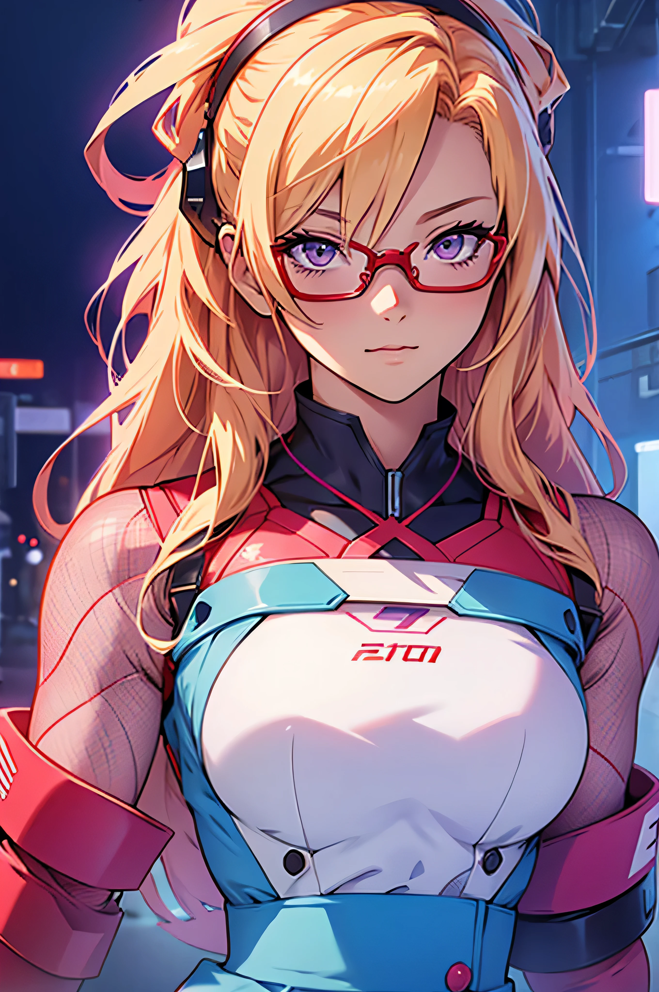 anime,An illustration,purple robot,Mobile Suit,Dom,Light blue check dress,Red glasses,Blonde,Light blue mesh hair,beautiful girl,Sora Sakurano,one person