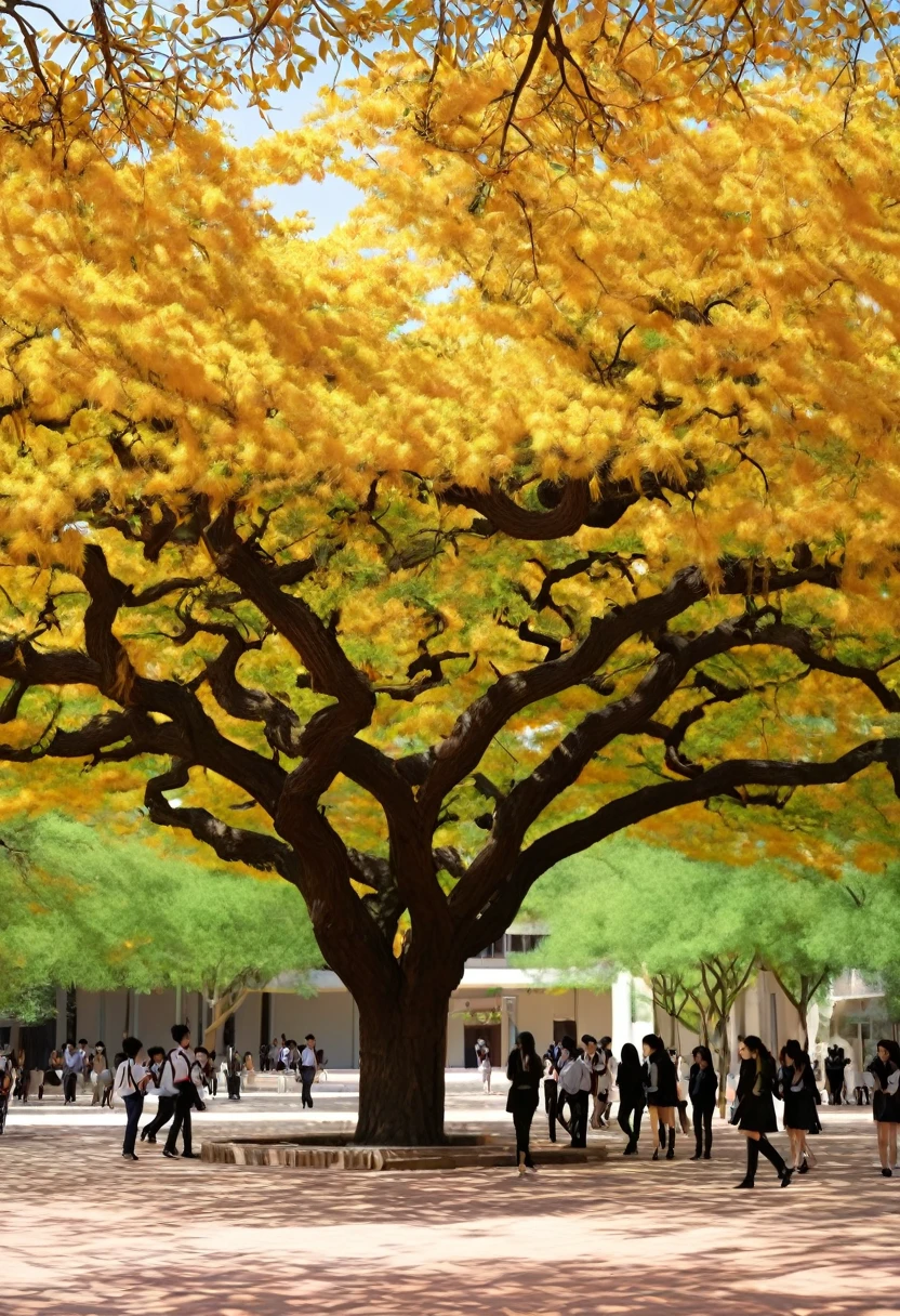 Graduation season，The students under the Phoenix tree on campus are generally in warm colors.。