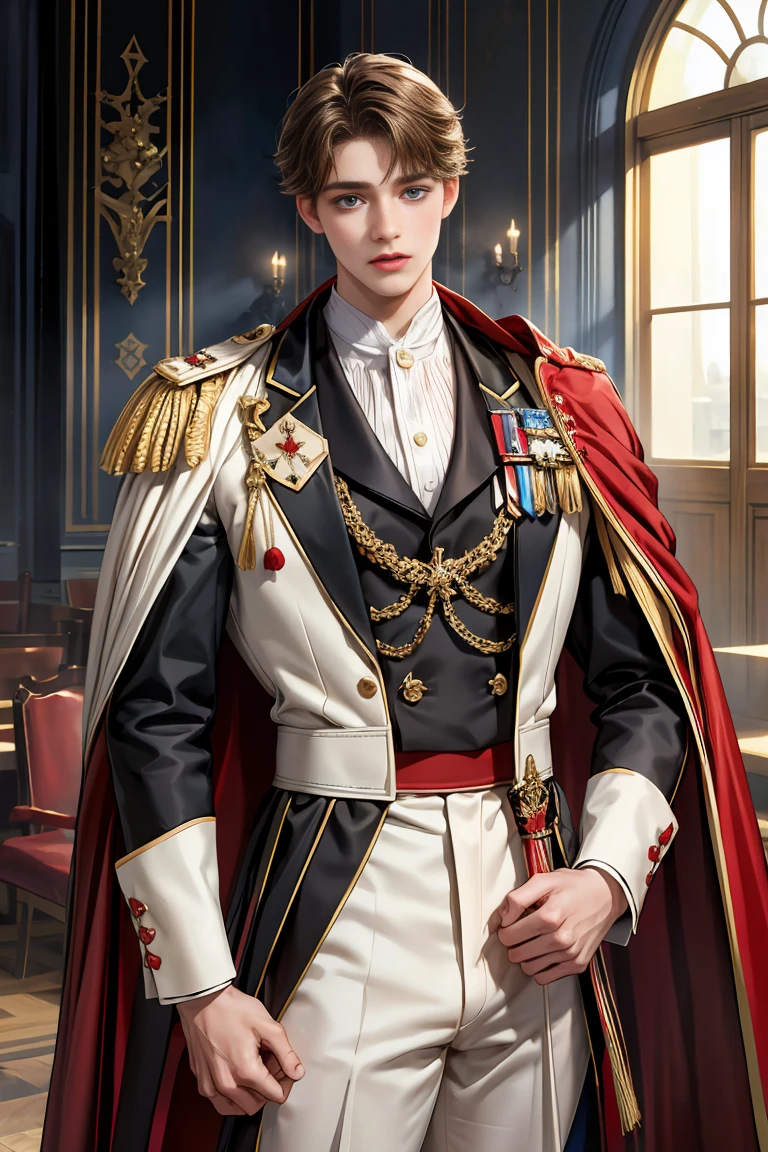 masterpiece, 最high quality, high quality, 1 boy, alone, Male focus, Watching the audience, Messy brown hair, Adorable big blue eyes, White, Noble, Noble, Beautiful tailcoat、A very voluminous, large, very large, very large, long, long red and black cape with a high stand-up collar, made of a lot of fabric that reaches down to the floor., 17 years old,Cute beautiful boys,Cute, cute, kind, handsome guy