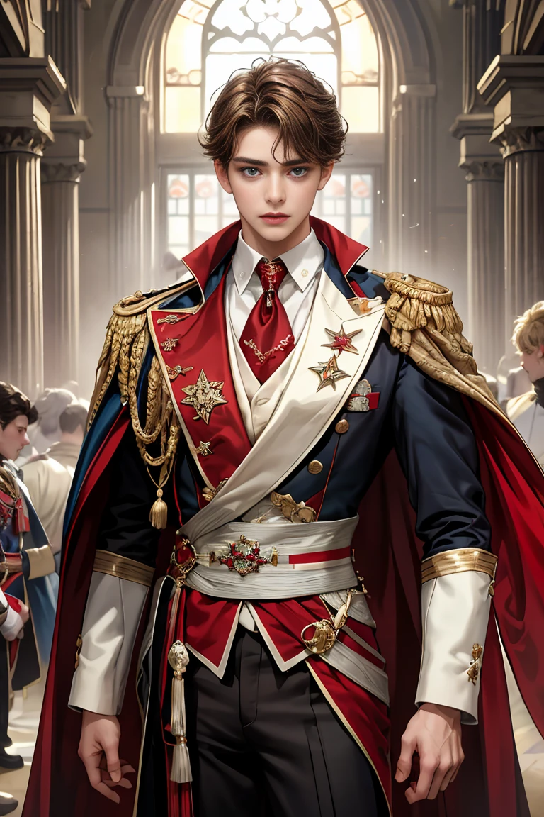 masterpiece, 最high quality, high quality, 1 boy, alone, Male focus, Watching the audience, Messy brown hair, Adorable big blue eyes, White, Noble, Noble, Beautiful tailcoat、A very voluminous, large, very large, very large, long, long red and black cape with a high stand-up collar, made of a lot of fabric that reaches down to the floor., 17 years old,Cute beautiful boys,Cute, cute, kind, handsome guy