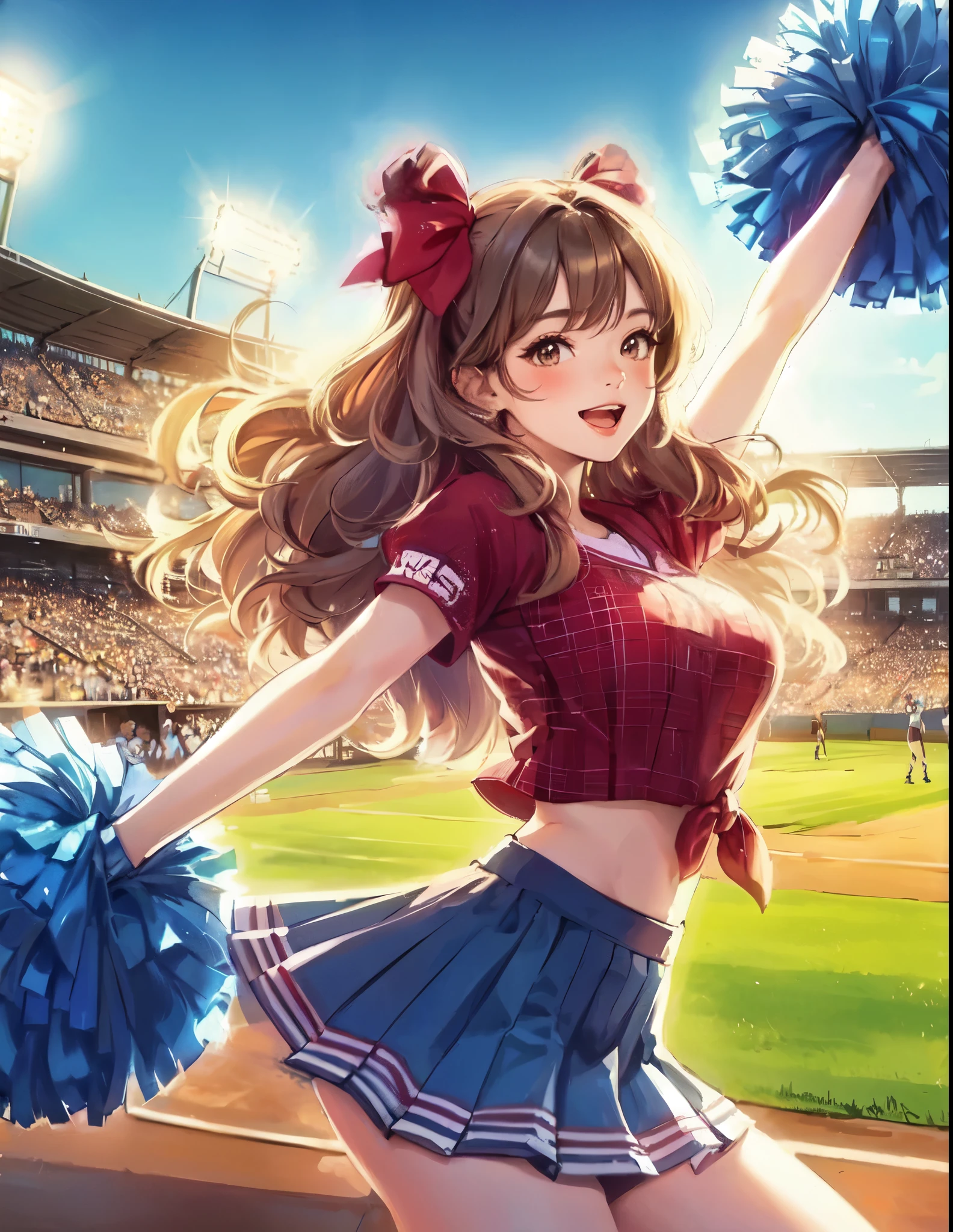 1lady solo, cheering, dancing, (dynamic posing), cheerleader (stylish outfit), mature female, /(light brown hair/) bangs, ribbon, blush brightly smile, open mouth, (teeth:0.8), (masterpiece best quality:1.2) delicate illustration ultra-detailed, large breasts BREAK (holding pom-pom) BREAK /(baseball stadium) grass, outdoors, audience