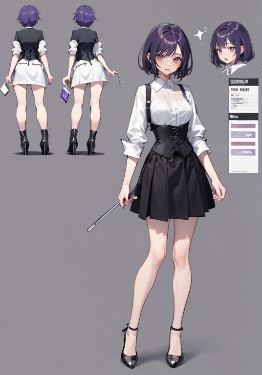 Purple hair,short hair,Adult female,(bartender),((Roll up your shirt sleeves)),(Rolling up the sleeves of his shirt),(corset),(skirt),(High heels),((Simple Background)),smile,((whole body)),((full body)),Character Sheet,