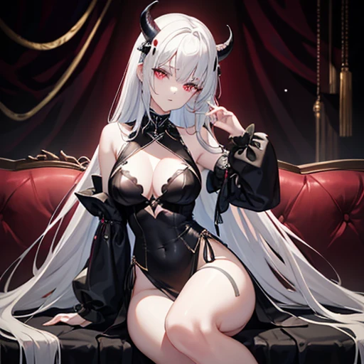 4K、The  Princess、Reincarnated as an inhabitant of the evil world of darkness、Pale skin、White long hair、Black, evil-looking clothing、sharp and narrow eyes、bad eye、Simple two horns、Big Breasts、Leather clothing that accentuates your style、Expose your shoulders、Glowing pink eyes、Dark Beauty、Long thin hair、Stylish、Sit leaning against a black sofa、Long, slender fingers and arms、Devil&#39;s Castle、Legs without stockings、whole body