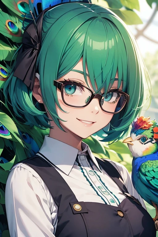 anime girl with glasses and short peacock green hair and blue grey eye with smile expresion
