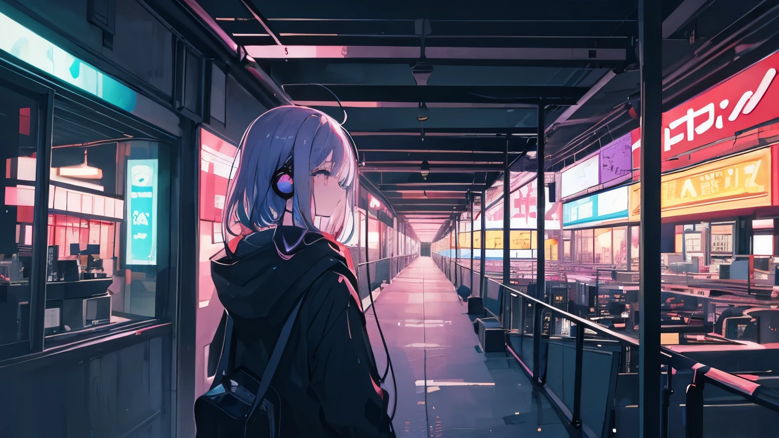 A room with a view of the neon lights of Tokyo late at night. An illustration of a girl lost in thought listening to music with earphones.
