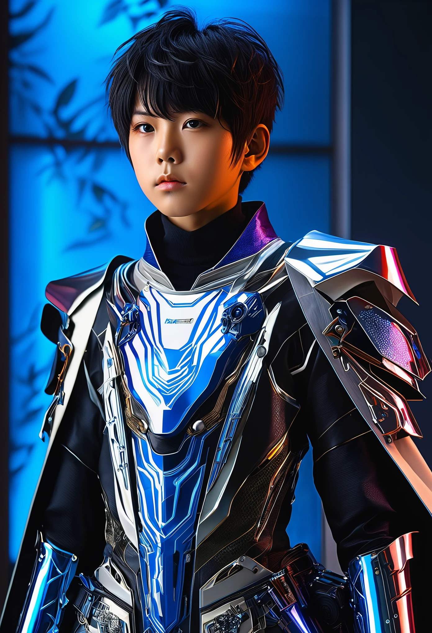 Stunning portrait of a young Japanese boy, hyper-realistic character, wearing futuristic fantasy clothes, modern Japanese culture, vibrant colors, soft natural light, by Hajime Sorayama, Ash Thorp, 8k, octane render, cinematic, key art, Nikon D850, ƒ 2.2, 50 mm.