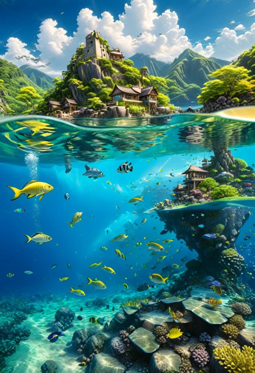 (ultra high res:1.4), (masterpiece), (beautiful lighting:1.4) , lush greenery and mountains, Bright sunlight illuminates the crystal-clear water, (deep underwater), anime, half above water and half below water , (clear underwater), beautiful sky with clouds, fish , depth, small yellow, costal village, (masterpiece, best quality, Professional, perfect composition, very aesthetic, absurdres, ultra-detailed, intricate details:1.3)