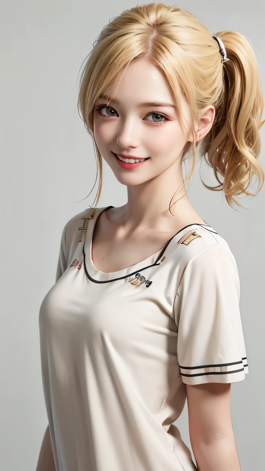 (highest quality、8k、32k、masterpiece)、(Realistic)、(Realistic:1.2)、(High resolution)、Very detailed、Very beautiful face and eyes、1 girl、Round and small face、Tight waist、Delicate body、(close、highest quality、Attention to detail、Rich skin detail)、(highest quality、8k、Oil paint:1.2)、(Realistic、Realistic:1.37)、Bright colors、(((blonde)))、(((Bust Shot)))、(((Side ponytail hair)))、(((Pure white wall background)))、(((Pure white wall background)))、(((pajamas、Short sleeve)))、(((She has a sexy look)))、(((smile)))、(((Touching head with left hand)))、(((Golden Hair)))、(((is biting)))、(((ドット柄のpajamas)))、赤いpajamas