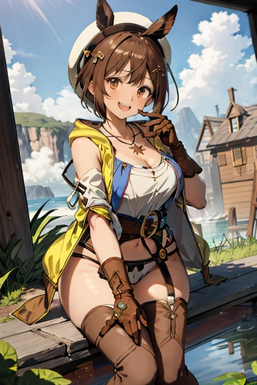 ((highest quality)), ((masterpiece)),High resolution,Sharp focus,(Super detailed,Very detailed),(Very detailed CG unity 8k wallpaper),
(((Vibrant colors))), Perfect Face,
Liza Lynn Stout, Raisalin Stout,
Big Ass,Big Breasts,glamorous_expensive_Tight waist_Long legs,curve,Thighs,curvy,
very shiny 肌,Shiny body,plastic glitter 肌,exaggerated shiny 肌,illuminated skin,
cute,Lewd,erotic,Bold,Camel Toe,short hair,Brown Hair,Knee socks,gloves, brown gloves, 片手gloves,レザー gloves,
White Hat, Star Necklace,hair ornaments, (Brown eyes:1.5), Hair Clip,
8k wallpaper, (figure:0.8), (Beautiful fine details:1.6),
Very detailedな顔, Very detailedなCG, (Perfect hands, Perfect Anatomy),
smile, Open your mouth,Shy laugh, side-tie bikini,cracked cobblestone,Mossy wall,Beyond the Clouds, Surrounded by water, reflection,Breathtakingly beautiful clouds,Beach,Place your hands behind your head,Sitting on the stairs,Open your legs,