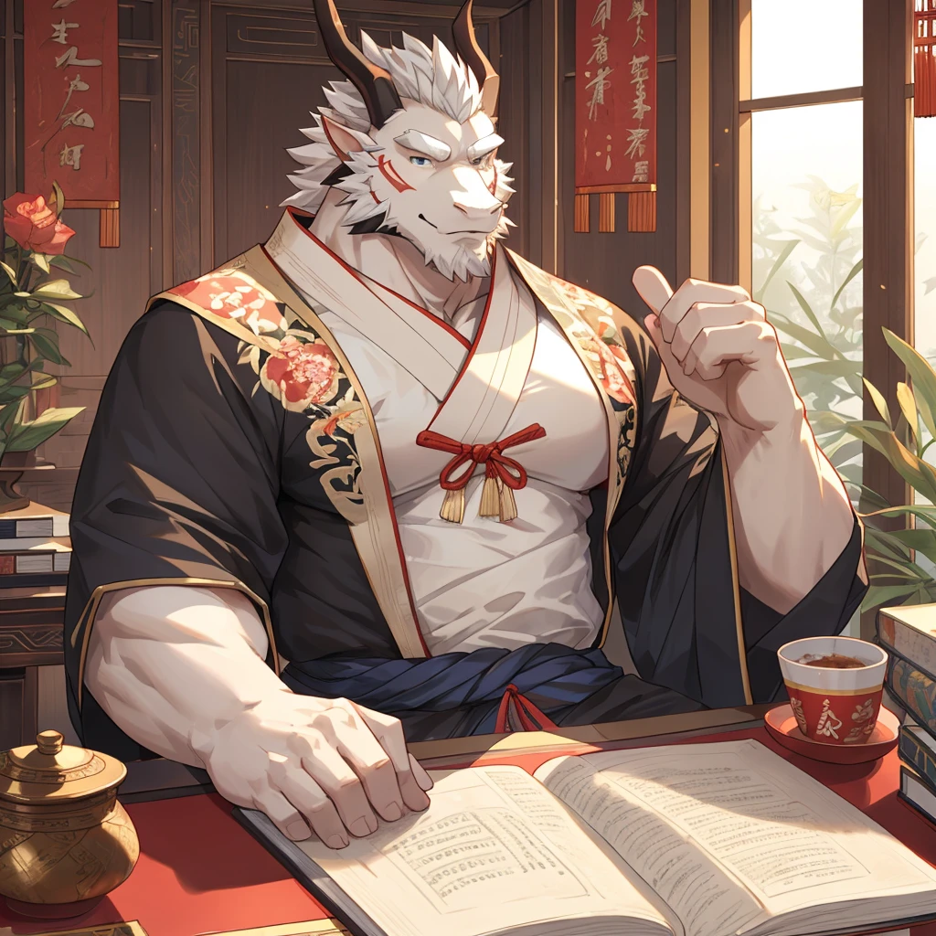 (white eastern dragon),furry,fuii body shot,white mustache,big pecs,hearty males,artbook,muscular,Hanfu,holding_stylus,sitting_on_desk,adult,traditional_chinese_room