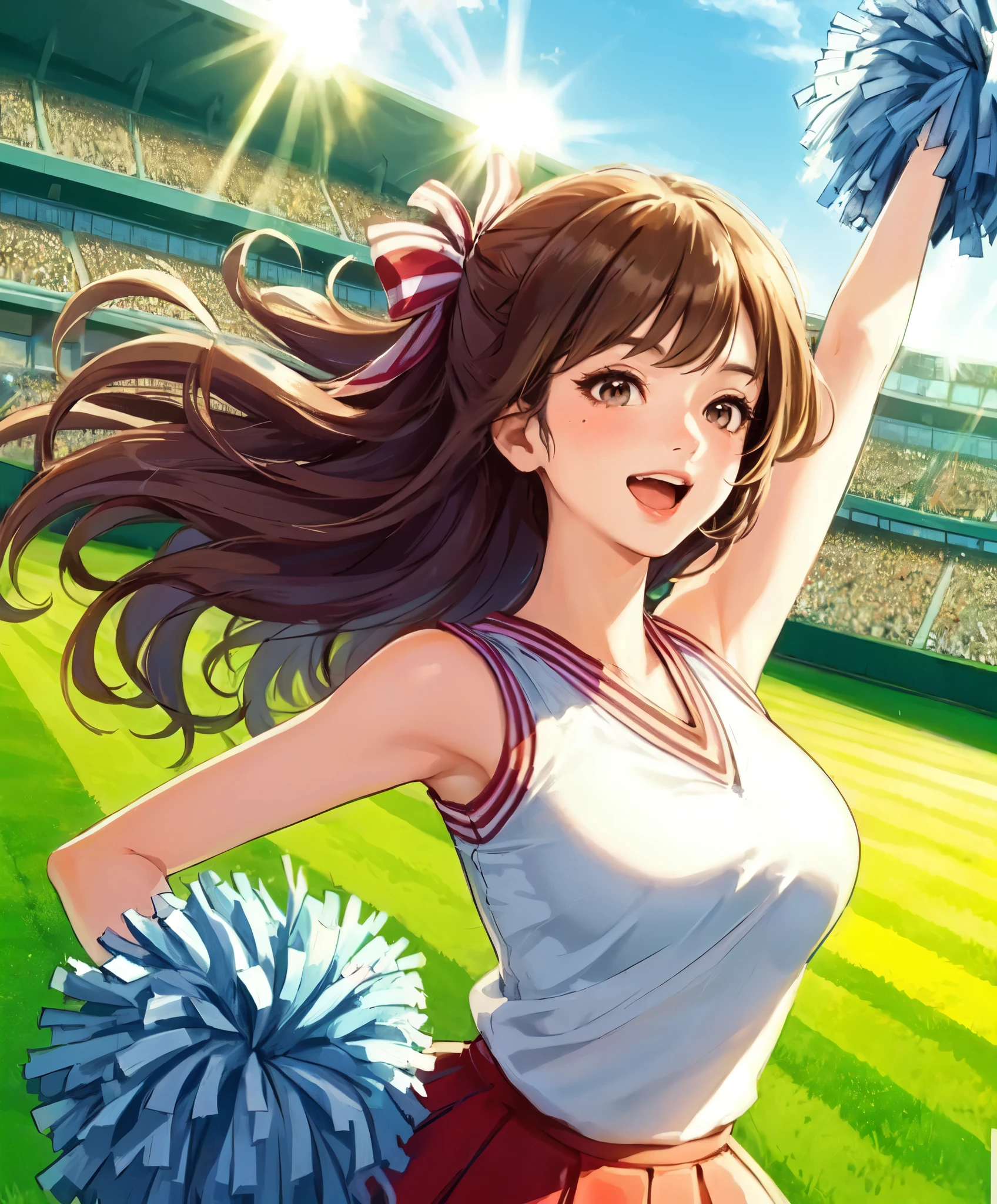 1lady solo, cheering, dancing, (dynamic posing), cheerleader (stylish outfit), mature female, /(brown hair/) bangs, ribbon, blush brightly smile, open mouth, (teeth:0.8), (masterpiece best quality:1.2) delicate illustration ultra-detailed, large breasts BREAK (holding pom-pom) BREAK /(baseball stadium) grass, outdoors, audience