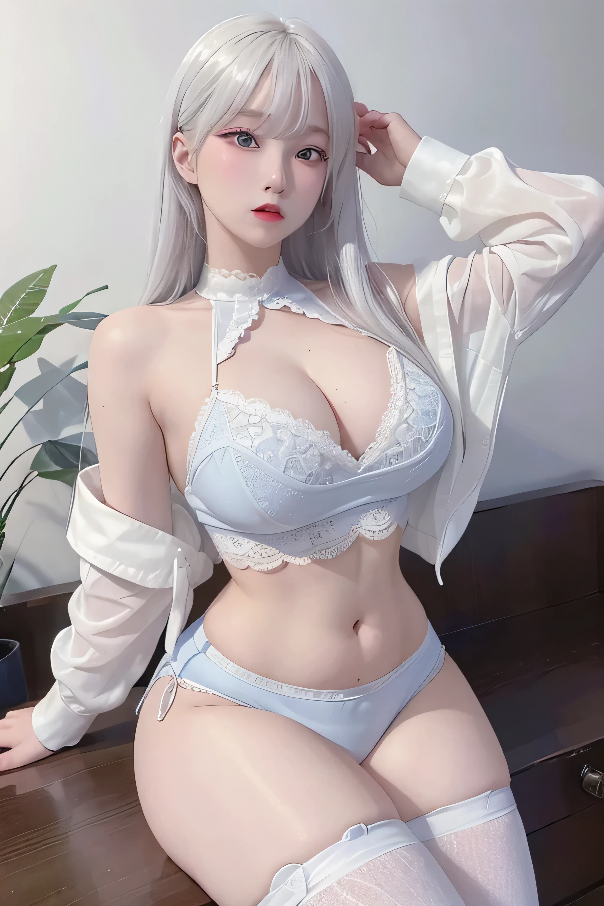 photorealistic, high resolution, 1 girl, white hair, korean, blue eyes, white sexy lace shirt, lace skimpy tight black shorts, thick thighs, lace crop top sexy