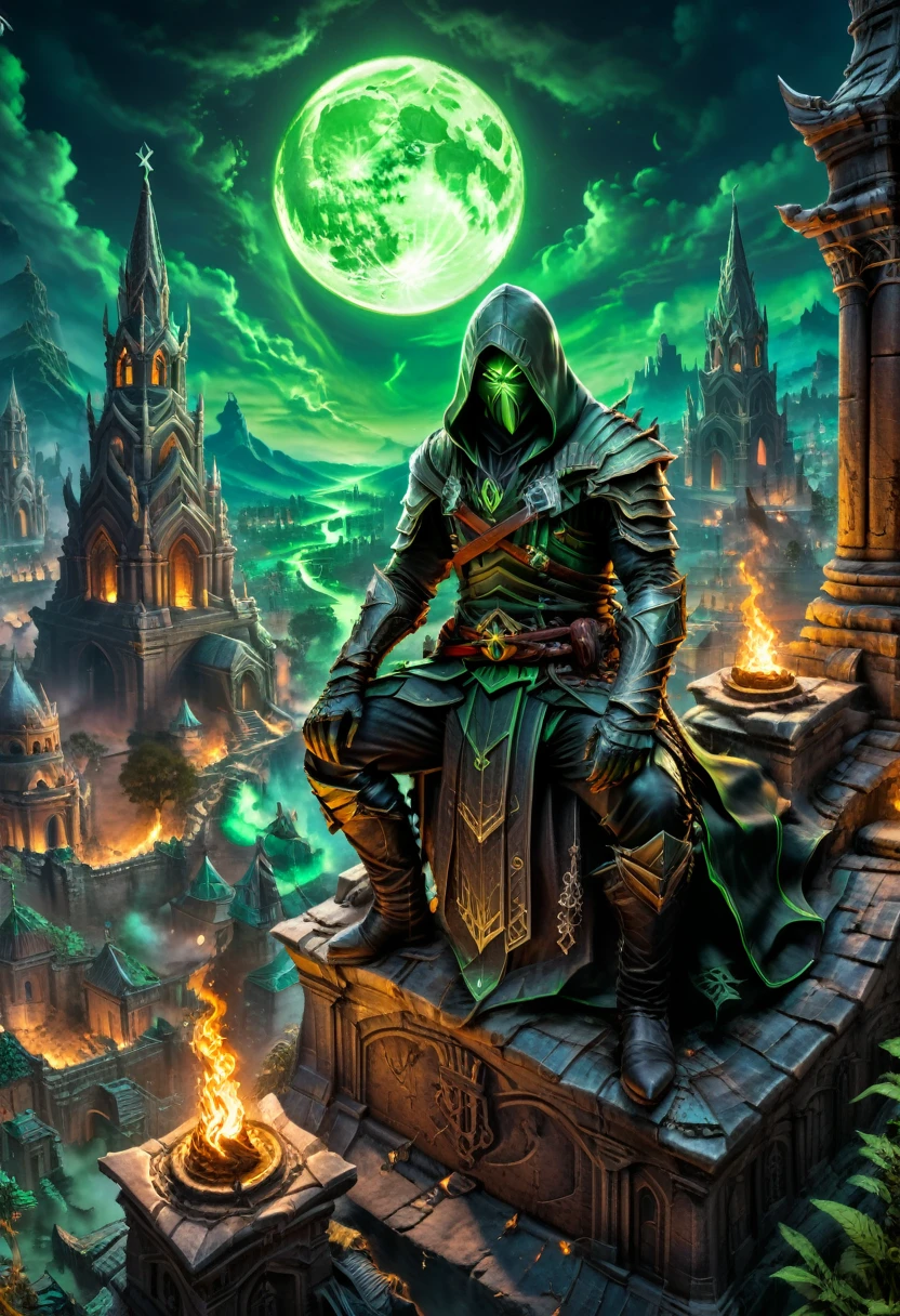 (Horde of Assassins Creed), polarized, at night, Sitting on the roof of ancient Church, looking down on to the burning city, Green Moon, filled with forbidden knowledge, where scholars and sorcerers search for lost spells among the dusty tomes. Ghostly guardians patrol the aisles, ready to protect the secrets within, dark magic and grotesque creatures abound, punk aesthetic, dark fantasy world combines grim landscapes with vibrant, Deep colorful art, heroes skirmish monstrous foes in a setting where rebellion, decay, and mysticism intertwine, crafting a unique, immersive vibe, hyper detailed, professional poster art, bold lines, award winning, trending on ArtStation , (intricate details, masterpiece, best quality), dynamic pose, (masterpiece, best quality, Professional, perfect composition, very aesthetic, absurdres, ultra-detailed, intricate details:1.3)