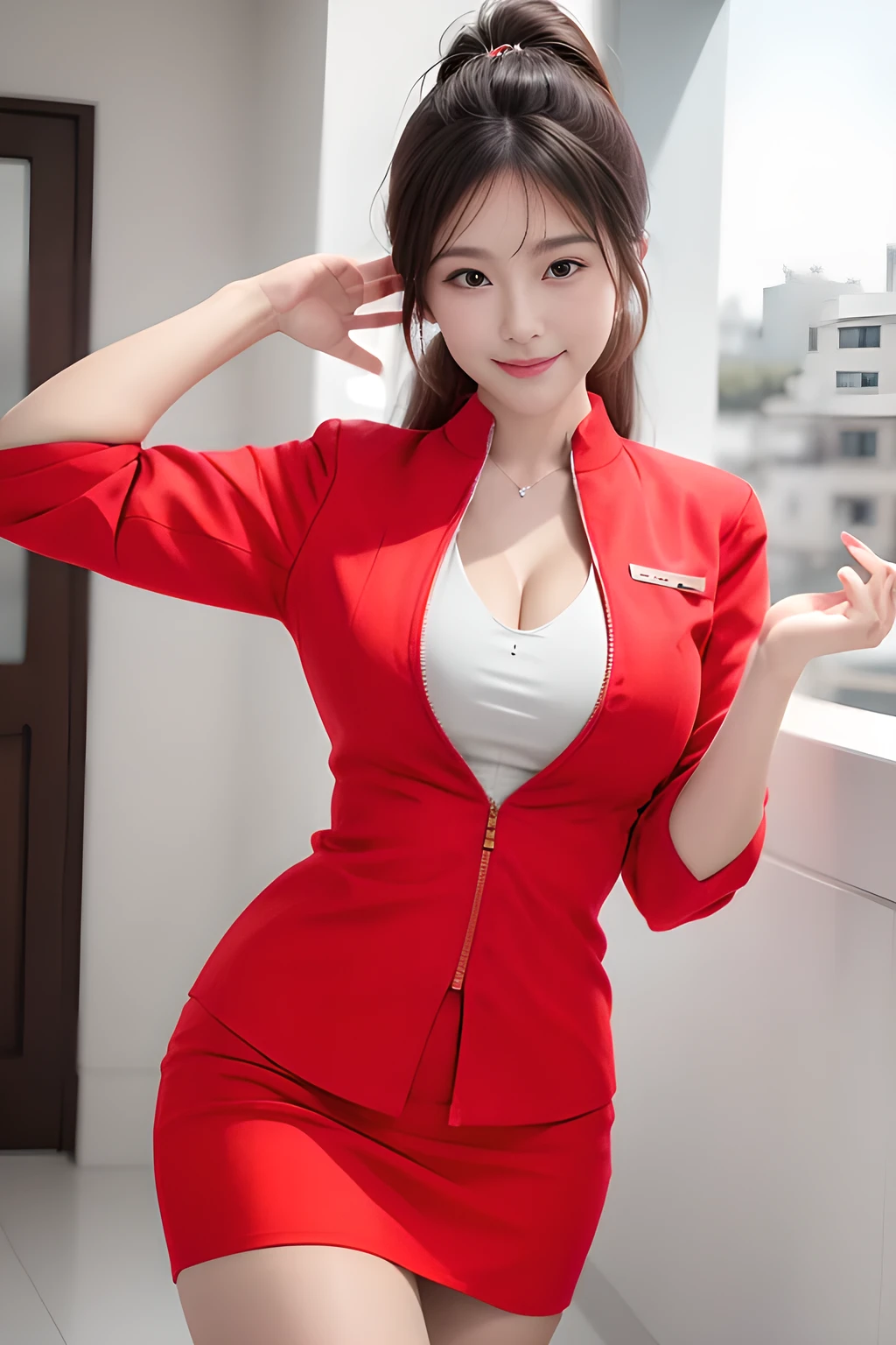 (masterpiece:1.2, highest quality:1.2), 32K HDR, High resolution, (alone、1 girl)、(On the roof of a building、Professional Lighting)、(Realistic style with AirAsia flight attendant uniforms)、(AirAsia uniform unzipped red jacket、AirAsia uniform long sleeve red jacket、AirAsia uniform red mini tight skirt、AirAsia uniform white shirt unbuttoned)、Big breasts showing cleavage、(AirAsia uniform shirt cleavage reveals big boobs)、Dark brown hair、ponytail、Red rubber band、(Long hair down to the waist、Tie your hair behind your head、Her tied-up long hair flutters in the wind)、(A strong wind is blowing)、Long Shot、((Fine hand:2.0)),((Harmonious body proportions:1.5)),((Normal limbs:2.0)),((Normal finger:2.0)),((Delicate eyes:2.0)),((Normal eyes:2.0)))、Luxury Necklace、Beautiful standing posture