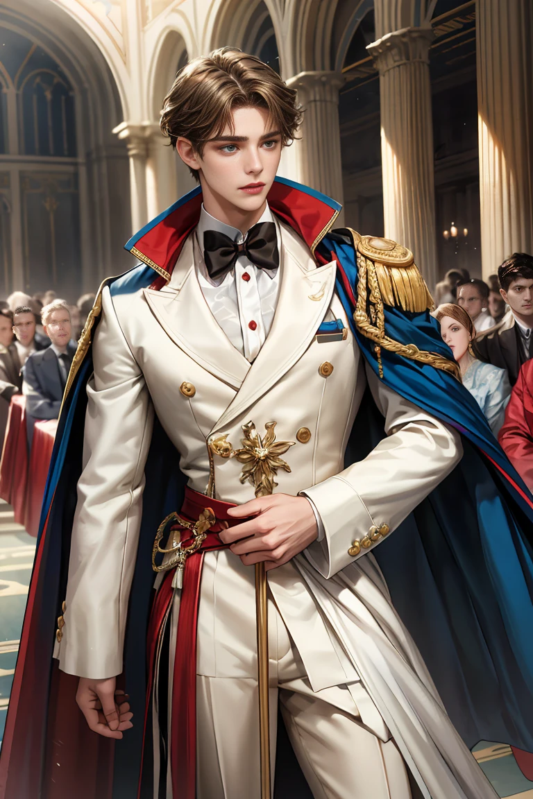 
masterpiece, 最high quality, high quality, 1 boy, alone, Male focus, Watching the audience,  Messy brown hair, Adorable big blue eyes, White, Noble, Noble, Beautiful tailcoat、A very voluminous, large, very large, very large, long, long red and black cape with a high stand-up collar, made of a lot of fabric that reaches down to the floor., ,Cute beautiful boys,Cute, cute, kind, handsome guy