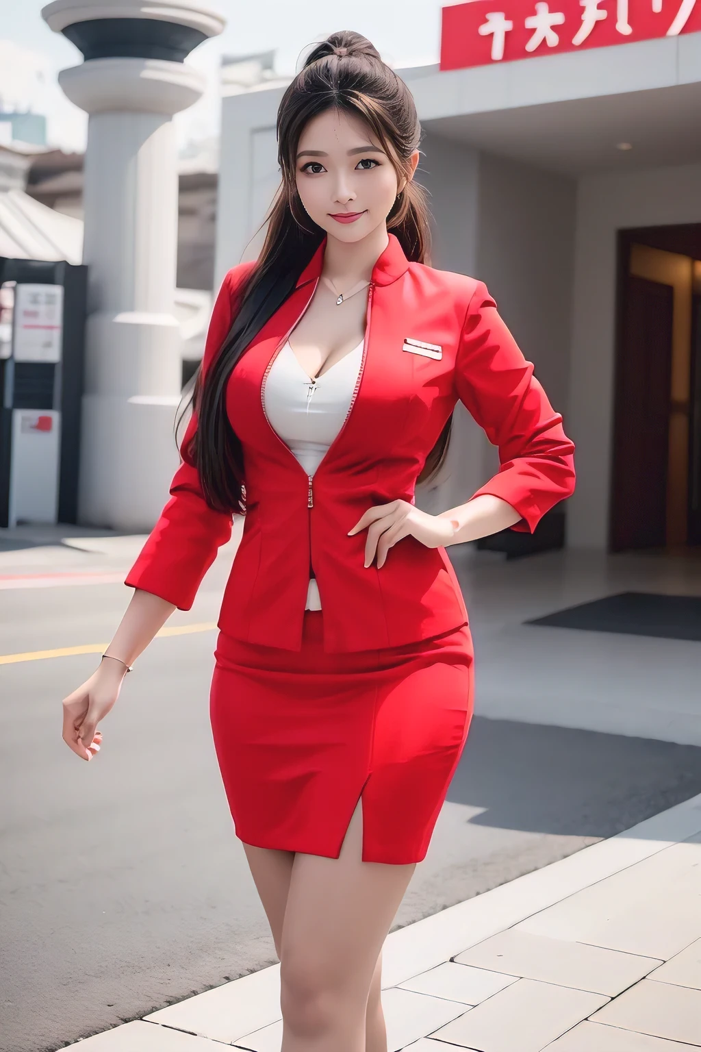 (masterpiece:1.2, highest quality:1.2), 32K HDR, High resolution, (alone、1 girl)、（At the airport entrance、Professional Lighting）、（Realistic style with AirAsia flight attendant uniforms）、（AirAsia uniform unzipped red jacket、AirAsia uniform long sleeve red jacket、AirAsia uniform red mini tight skirt、AirAsia uniform white shirt unbuttoned）、Big breasts showing cleavage、（AirAsia uniform shirt cleavage reveals big boobs）、Dark brown hair、ponytail、Red rubber band、（Long hair down to the waist、Tie your hair behind your head、Her tied-up long hair flutters in the wind）、(A strong wind is blowing)、Long Shot、（（Fine hand：2.0）），（（Harmonious body proportions：1.5）），（（Normal limbs：2.0）），（（Normal finger：2.0）），（（Delicate eyes：2.0）），（（Normal eyes：2.0））)、Luxury Necklace、Beautiful standing posture