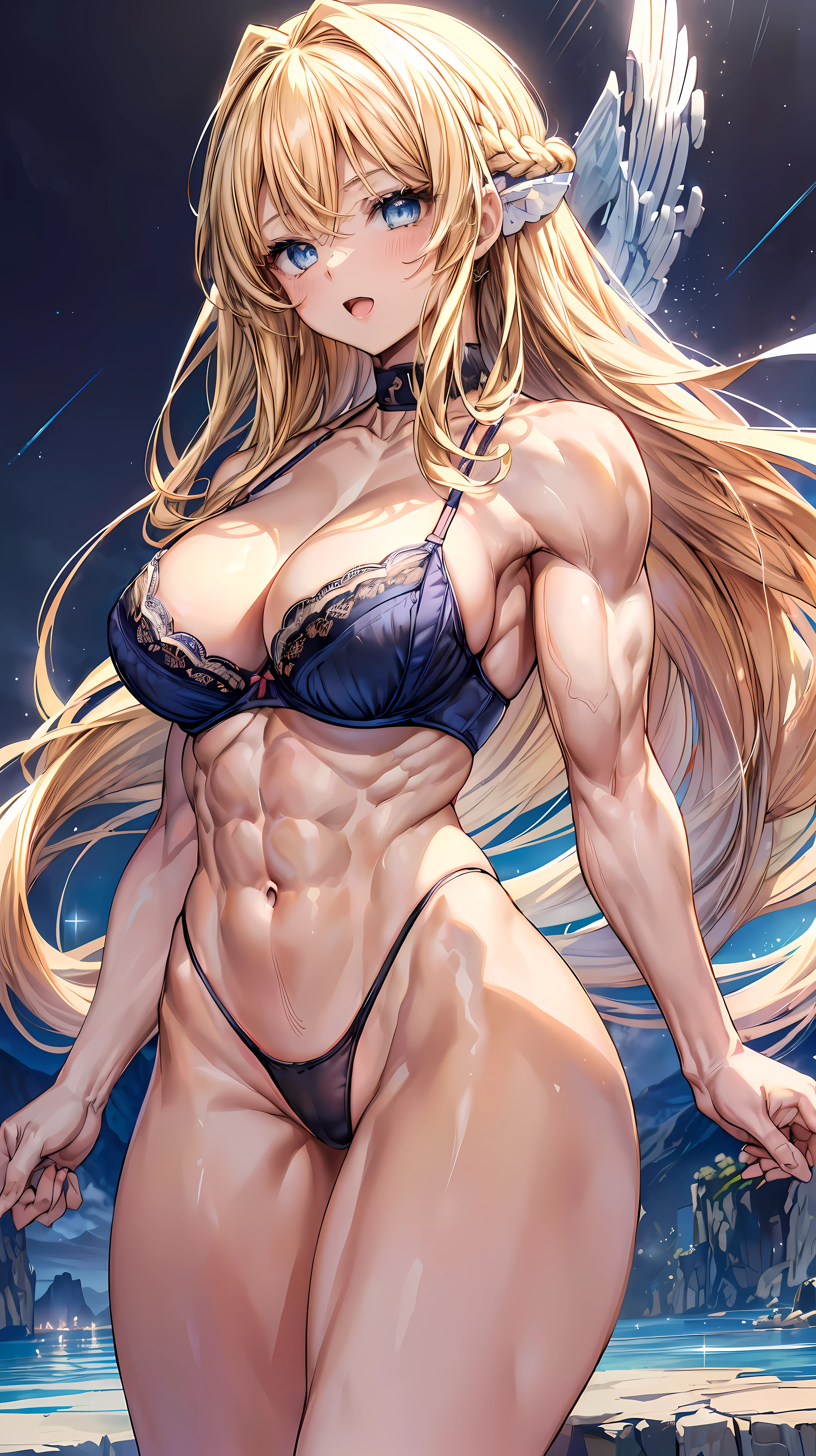 Very detailed、highest quality、Best image quality、masterpiece、8k、Anime Face、A kind smile、(Open your mouth:1.3)、Sparkling blue eyes、(Blonde semi-long hair:1.5)、(Muscles of the whole body:1.3)、(High leg panties:2.0)、Thigh belt、(Upper body photo:1.7)、(SFW Giant)、(Thick body:1.2)、(bra:1.5)