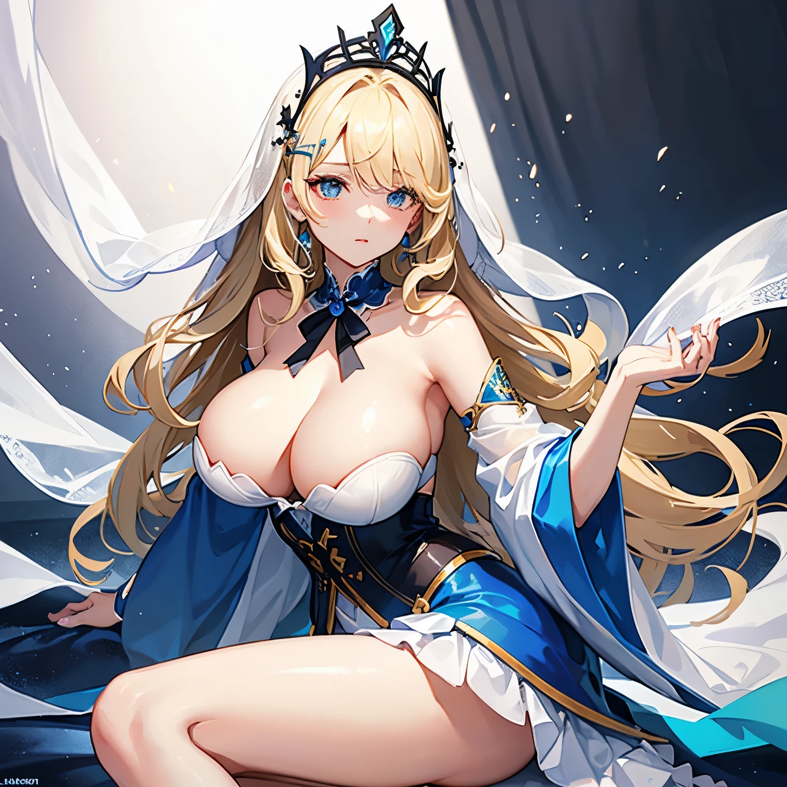 I'd look like a beautiful woman with wavy ankle-length blonde hair that is braided back by a black bow with bangs hanging over my forehead (mostly hanging on the right side) and chest-length hair strands that hang on either side, along with a black colored blindfold, full pink lips, and a extremely voluptuous body. I'd wear a tight white dress that was completely open at the sides with blue outlines with a golden emblem connection the back and front of my dress on both sides. I also had long white gloves that reached my elbows along with a sleek white cloak connected to my dress that covered my shoulders. Finally, I wore a veil that covered the top of my head with blue kanji on it