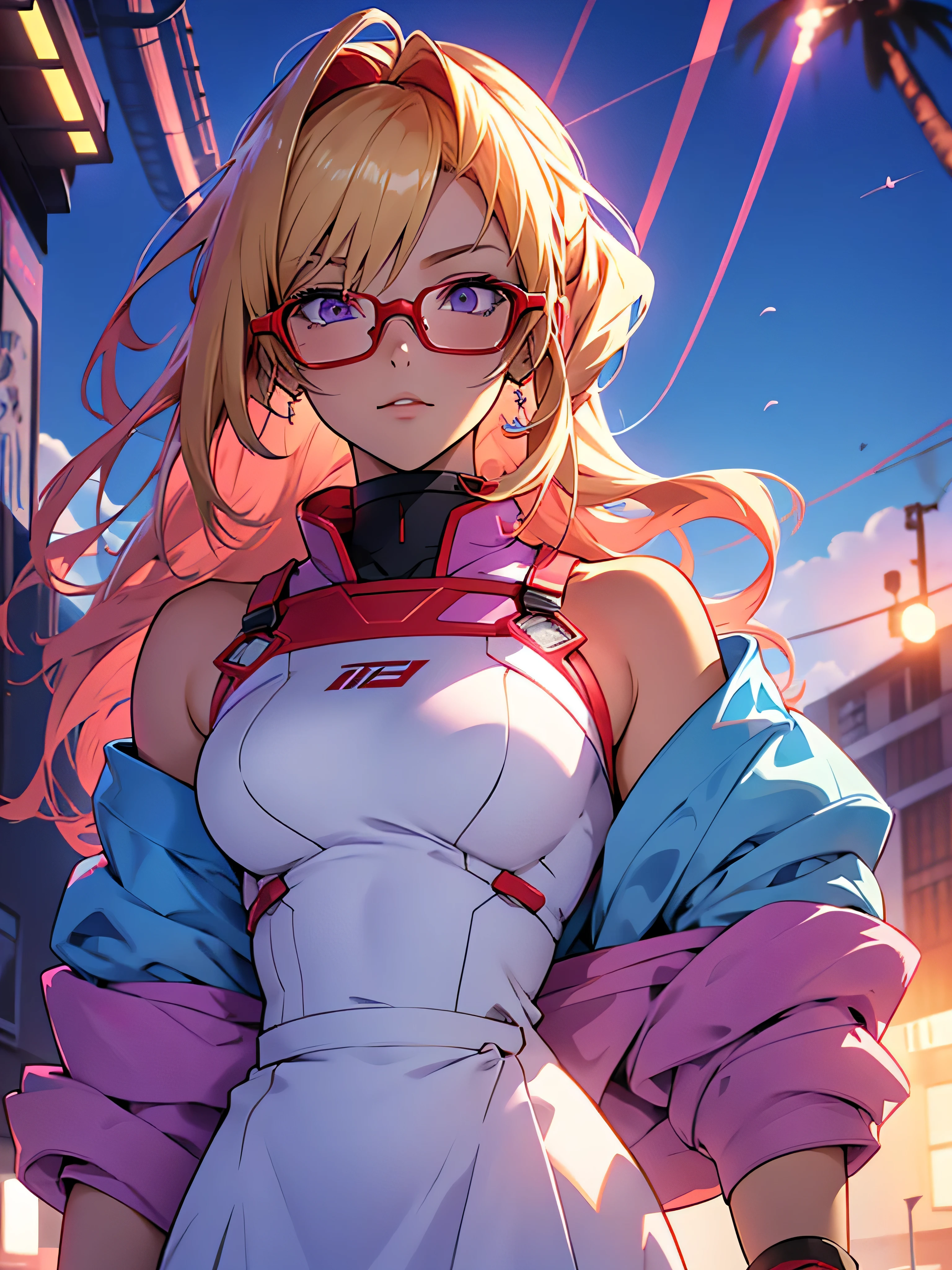 anime An illustration Purple Robot Dom Light blue check dress Red glasses Blonde Light blue mesh beautiful girl Sora Sakurano clear one person