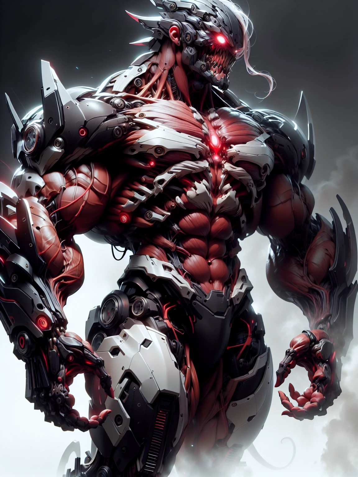 (1 girl), (cara delevingne), (muscular android girl wearing a black anatomic cybernetic muscle suit:1.25), (wide shoulders:1.25), (muscular defined physique:1.25), perfect hands, long hair, large breasts, high resolution image, extreme detail, blank background