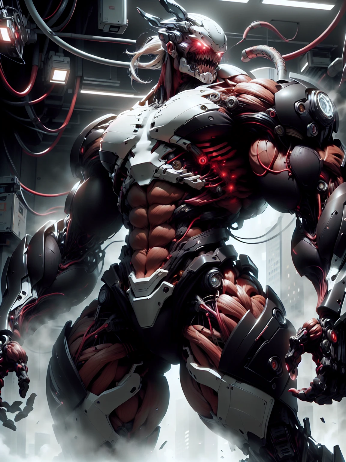 (1 girl), (cara delevingne), (muscular android girl wearing a black anatomic cybernetic muscle suit:1.25), (wide shoulders:1.25), (muscular defined physique:1.25), perfect hands, long hair, large breasts, high resolution image, extreme detail, blank background
