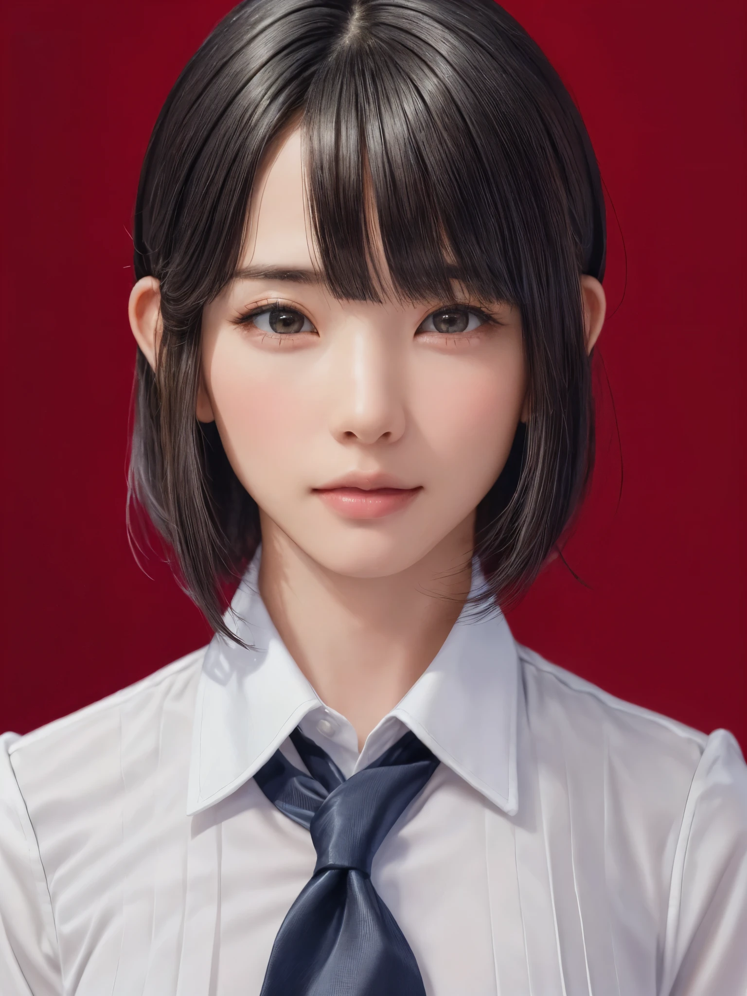(masterpiece:1.3), (Realistic, RAW Photos, highest quality: 1.4), (One Girl), Beautiful Face, (超Realistic Face、シンメトリーのBeautiful Face), (Short black hair, short hair:1.6、bangs:1.3、Show off your beautiful ears), Beautiful hairstyle, (Realistic eyes), Beautiful details, Long eyelashes, (Realistic Skin), Beautiful Skin, [Big Breasts:1.3], (Perfect body:1.3), (Detailed body:1.2), (tie), (Collared shirt, Pleated skirt:1.3), Absurd, charm, Ultra-high resolution, Ultra-realistic, Very detailed, Golden Ratio,Very cute beautiful woman、28 years old