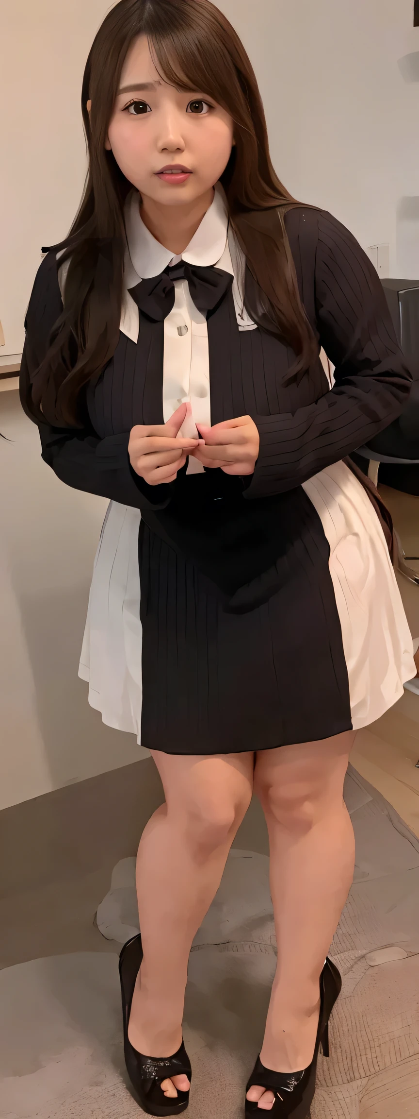 Japanese maid, Mature Woman, ((A little chubby, Round face, About 40)), Rimless round glasses, Wavy black hair with no bangs, Long Hair, Twin ponytail, Flashy makeup, Lips become thicker, Sexy Gaze, uniform, ((dressing)), Looking at the camera, Low angle shooting, Cute duck mouth,((Extremely precise and accurate anatomy)), (masterpiece:1.43), Perfect Proportions, Realistic photos, Full Shot, whole body, (height: 148cm), High heels Has two legs,Has two arms、Has two legs, You need two arms))