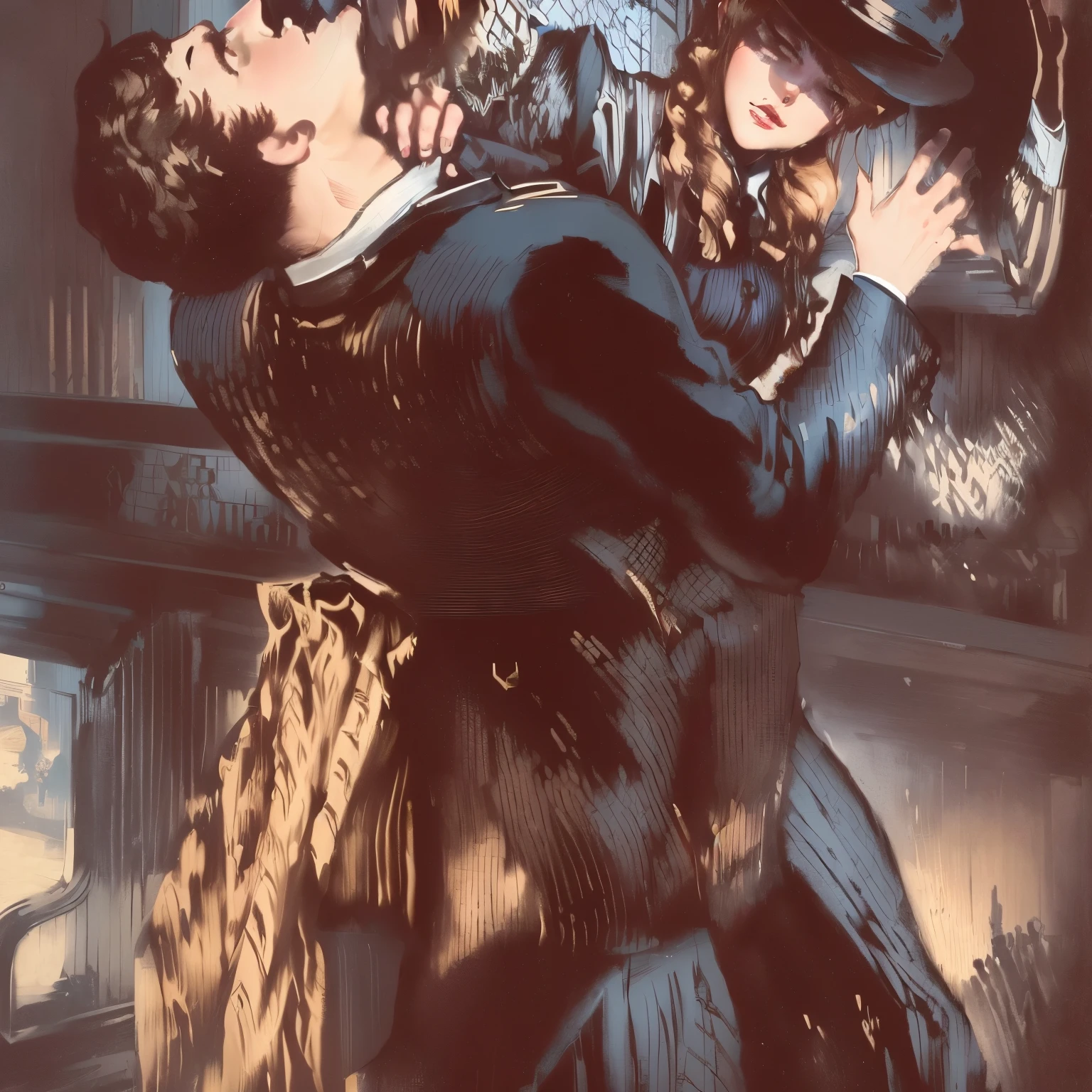 illustration of a man in a suit is trying to get a woman out of the window, 1871 punch magazine cartoon, exploitable image, by Ivor Davies, fighting scene, man grabbing a womans waist, inspired by Charles Dana Gibson, by Théophile Steinlen, by Julius Exner, by Lionel Lindsay, photo from a spectator